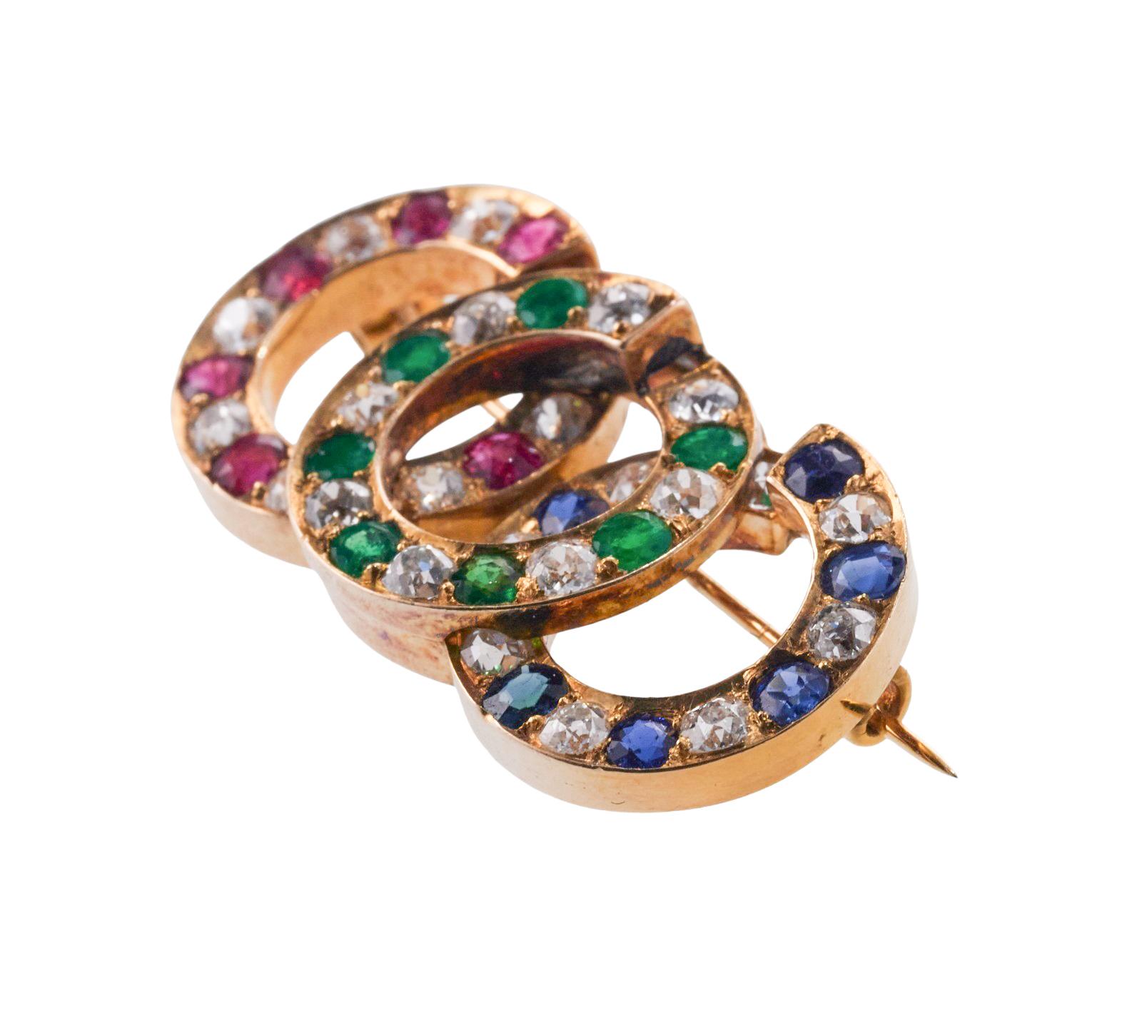 Ruby Emerald Sapphire Old Mine Cut Diamond Gold Circle Brooch  For Sale 1
