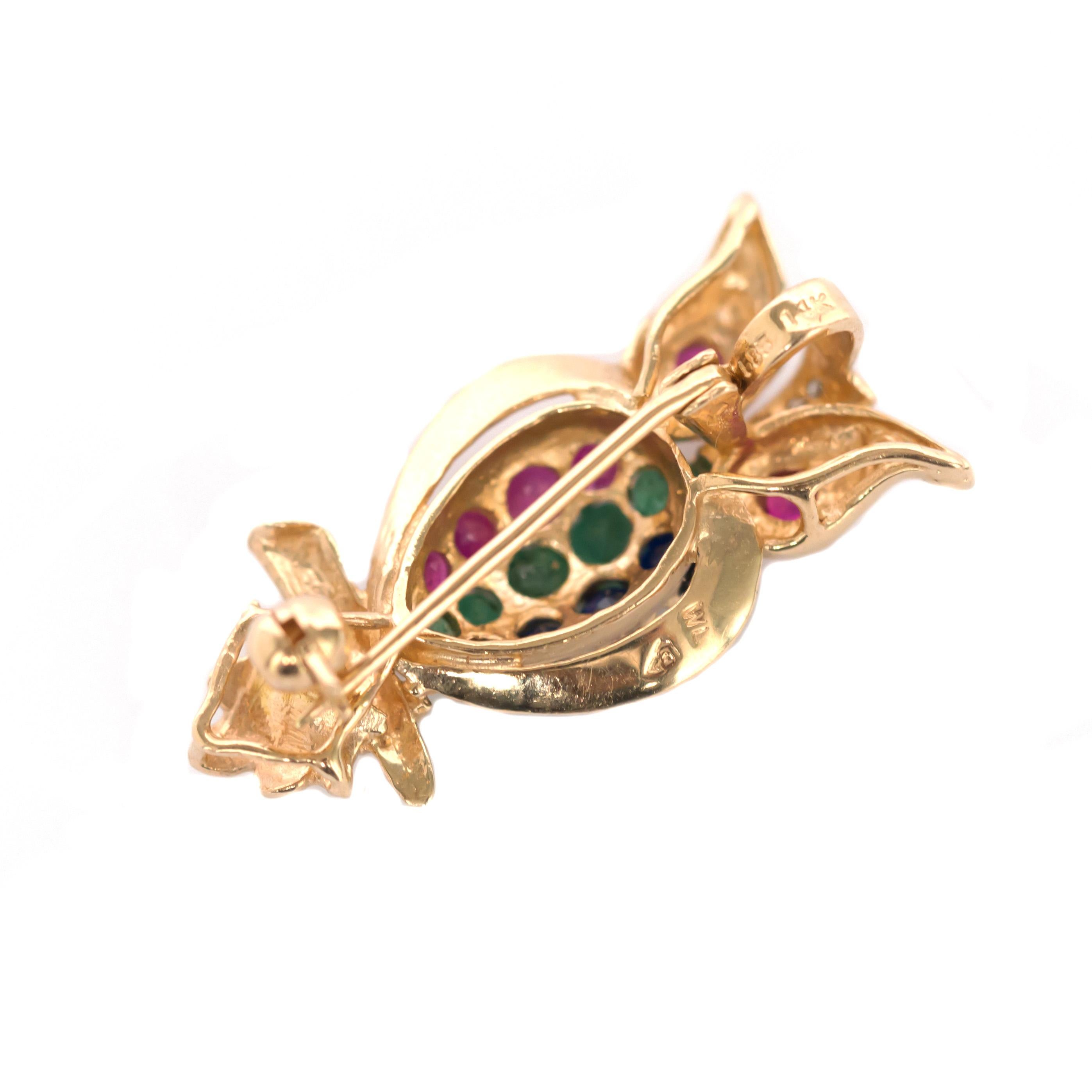 Retro Ruby, Emerald, Sapphire Yellow Gold Brooch For Sale