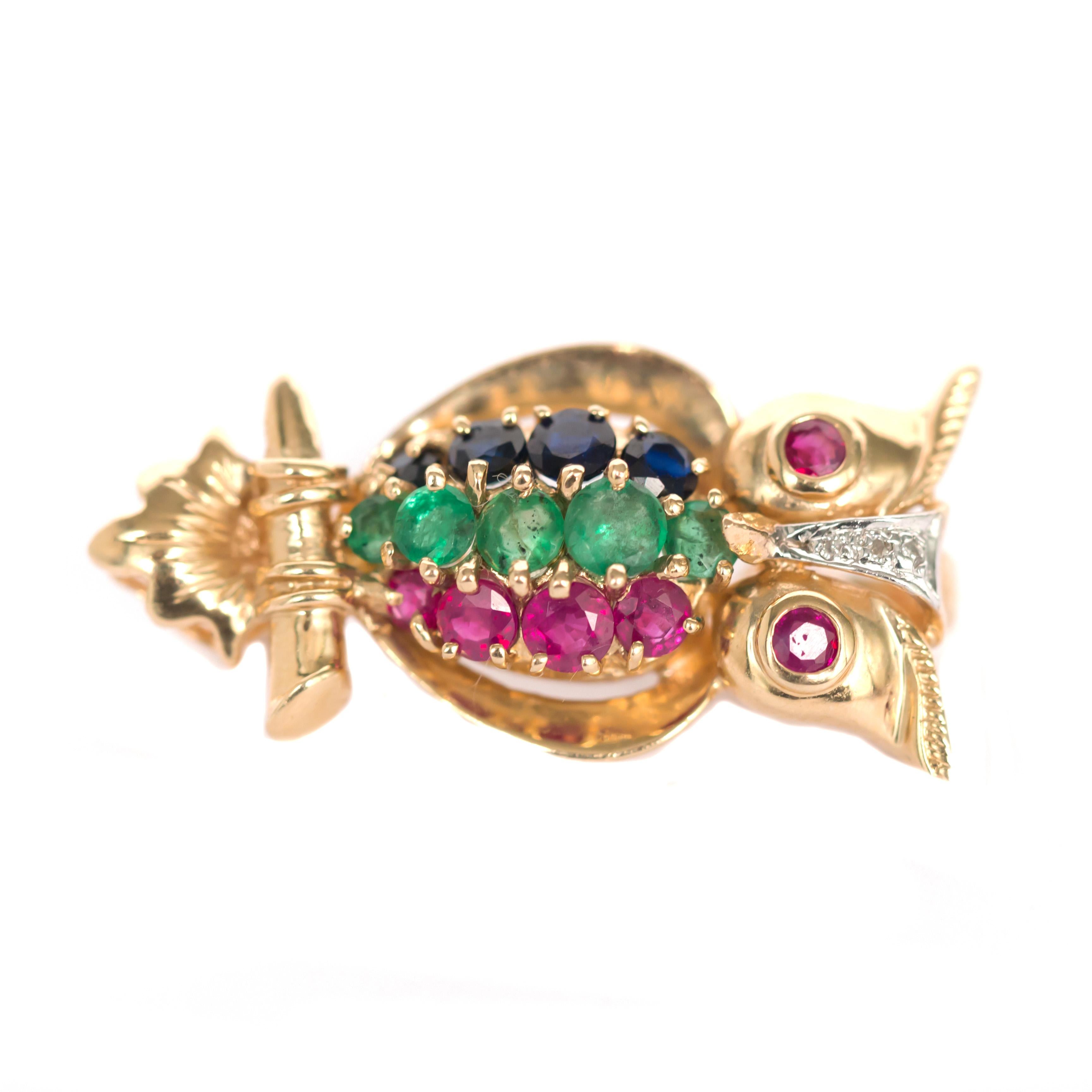 Ruby, Emerald, Sapphire Yellow Gold Brooch In Good Condition For Sale In Atlanta, GA