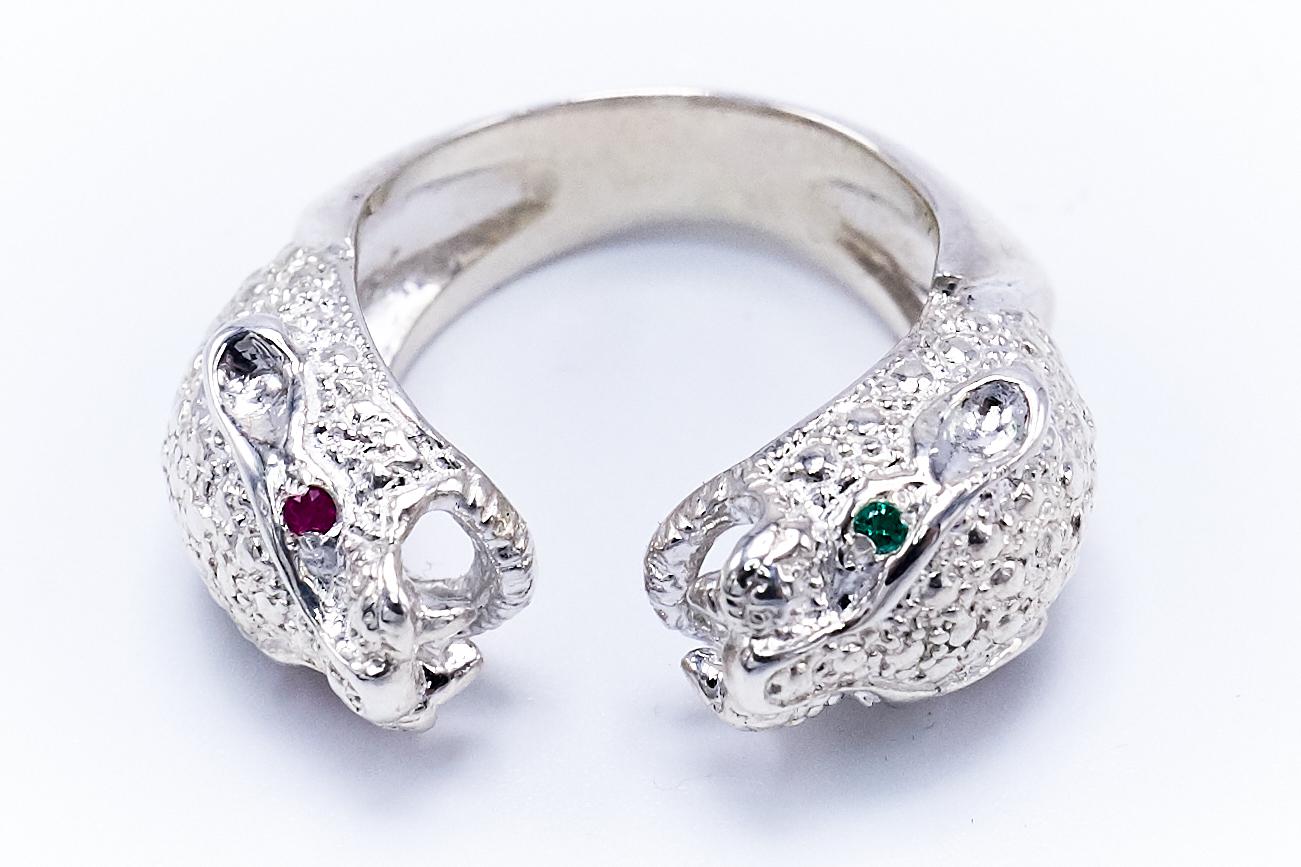 Emerald Ruby  Double Head Jaguar Ring Sterling Silver Animal Jewelry J Dauphin

2 Ruby 2 Emerald Silver Two head Jaguar Ring

J DAUPHIN 