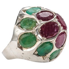 Vintage Ruby, Emerald, Silver Ring 22.5 Carats, Midcentury, India