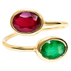 Ruby Emerald Toi etMoi Ring 1.01 Ct Ruby 0.95 Ct Emerald 14KGold Toi et Moi Ring
