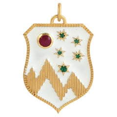 Ruby & Emerald White Enamel Shield Pendant Made In 14K Yellow Gold