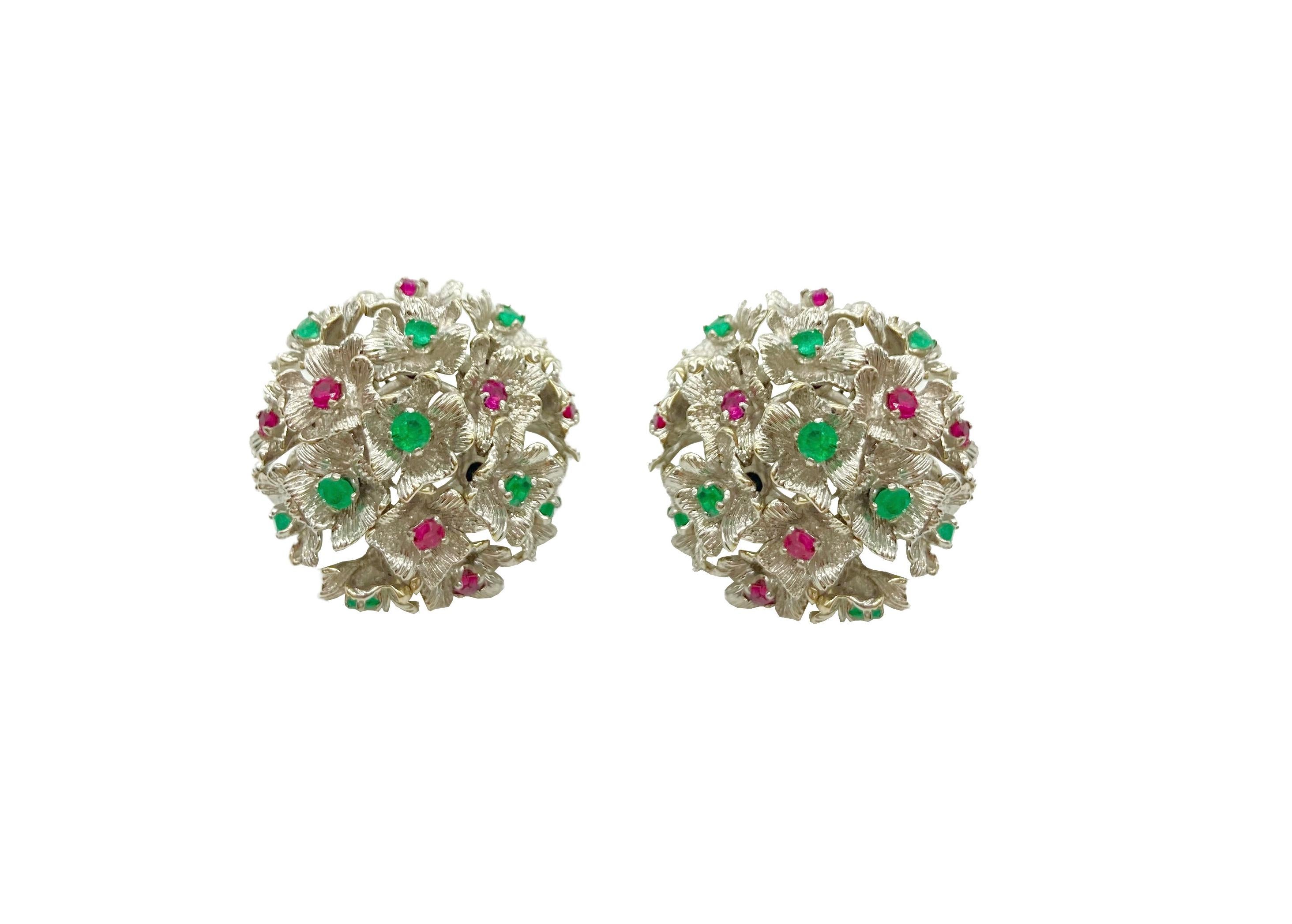 Brilliant Cut Ruby and Emerald White Gold Flower Cluster Earrings