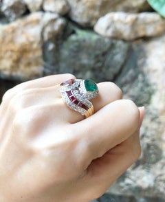 Ruby, Emerald with Diamond Ring Set in 18 Karat Gold Settings