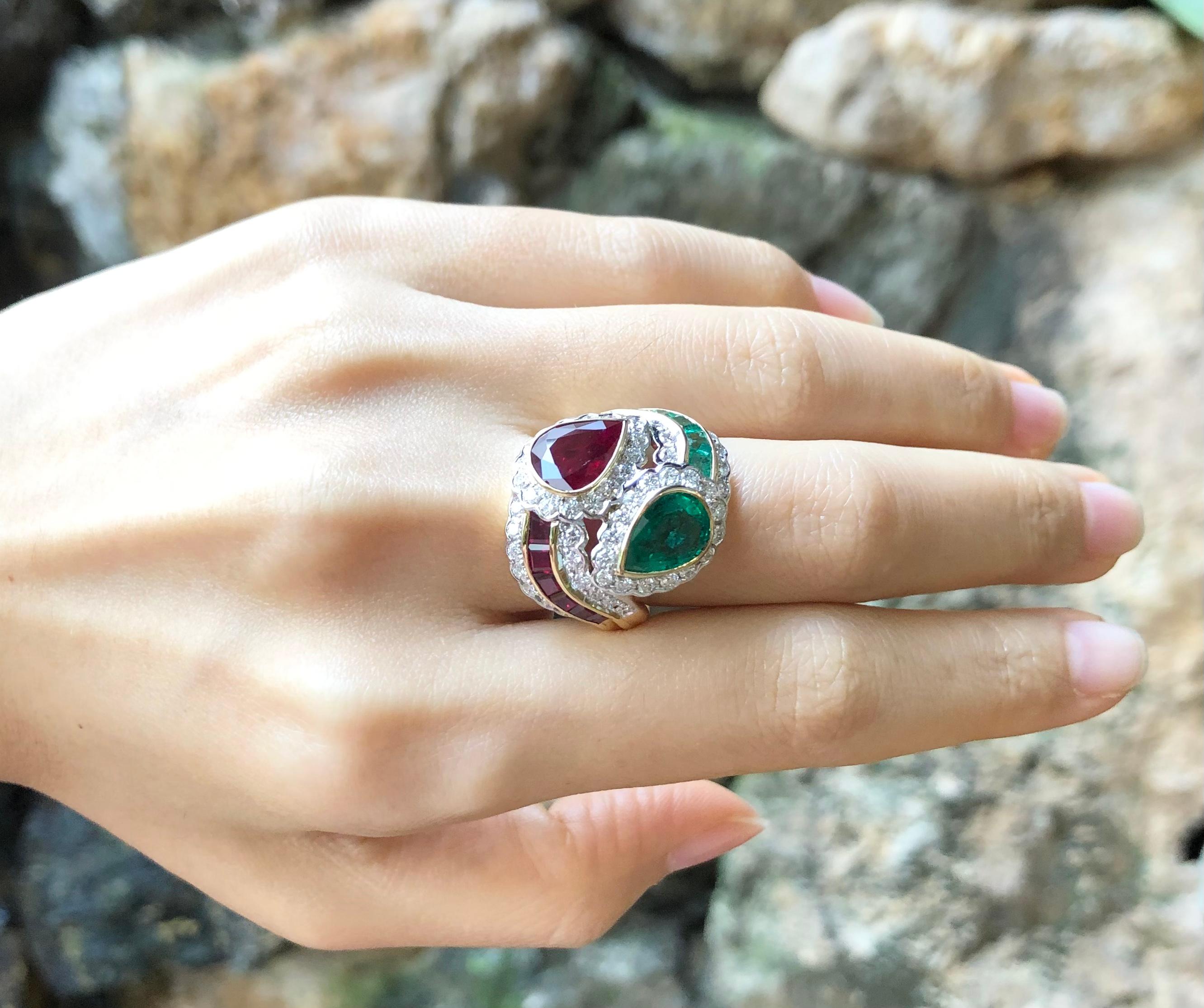 Mixed Cut Ruby, Emerald with Diamond Ring Set in 18 Karat Gold Settings For Sale