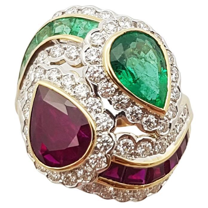 Ruby, Emerald with Diamond Ring Set in 18 Karat Gold Settings