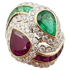 Ruby, Emerald with Diamond Ring Set in 18 Karat Gold Settings