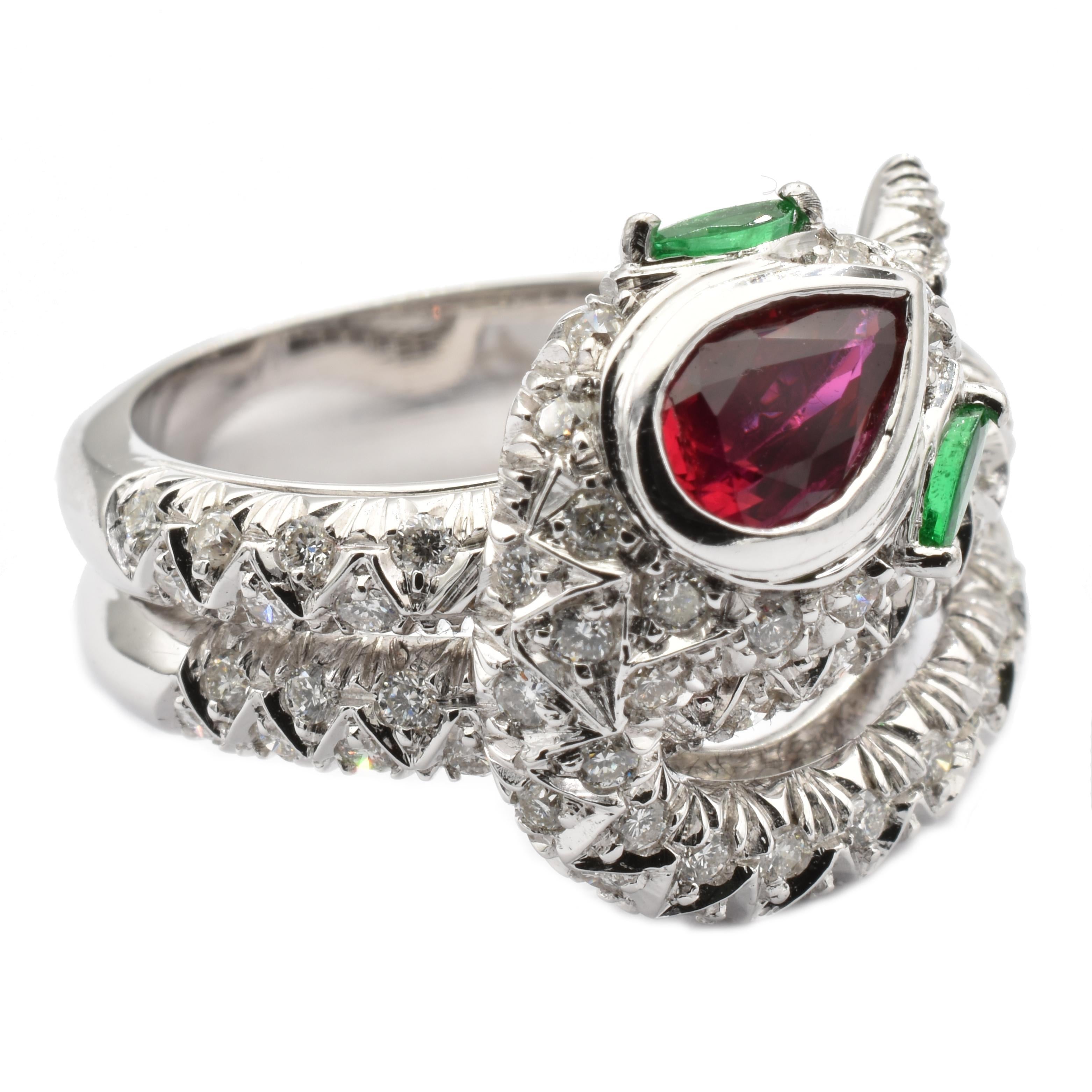 Contemporary Ruby, Emeralds and Diamonds White Gold Snake Ring Made in Italy For Sale