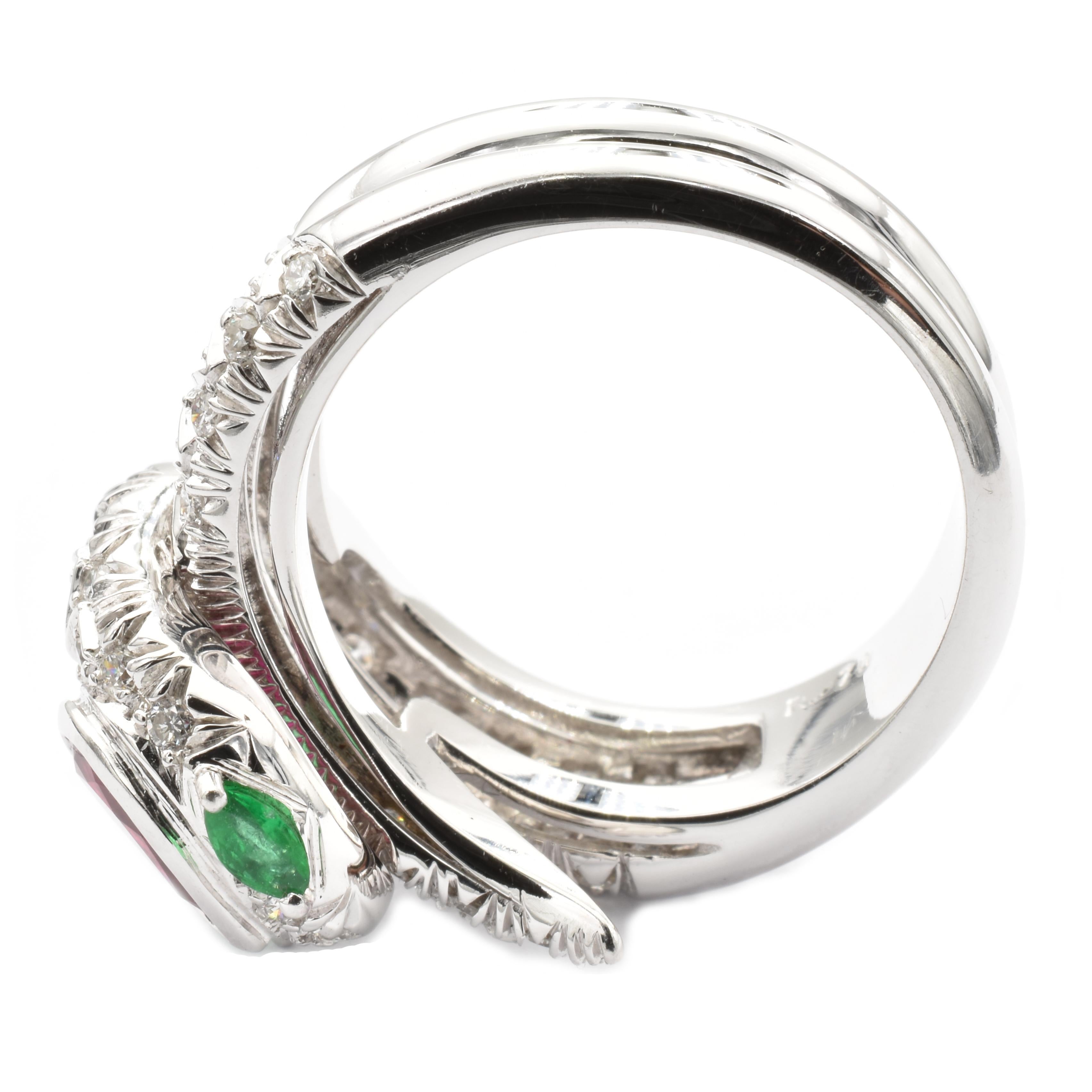 Pear Cut Ruby, Emeralds and Diamonds White Gold Snake Ring Made in Italy For Sale
