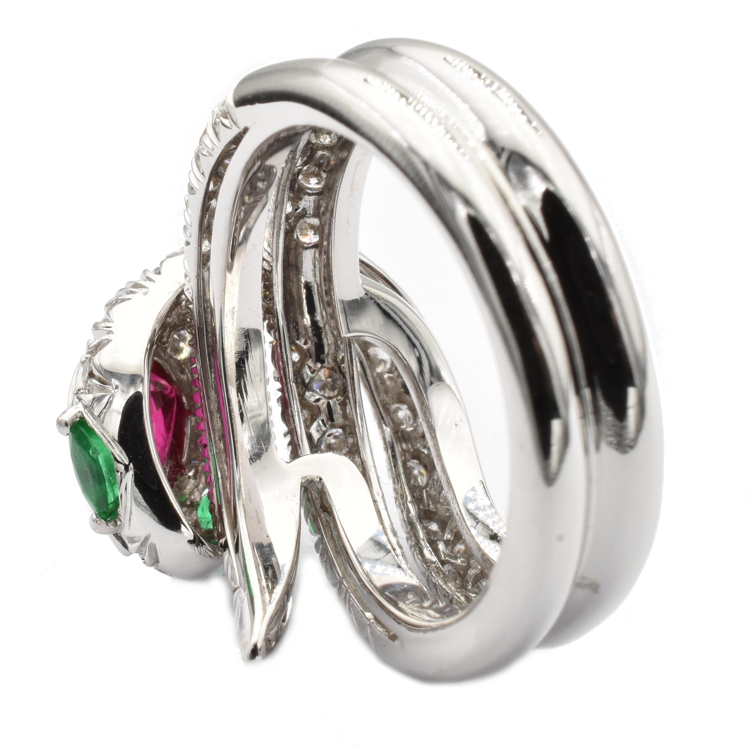 Ruby, Emeralds and Diamonds White Gold Snake Ring Made in Italy In New Condition For Sale In Valenza, AL