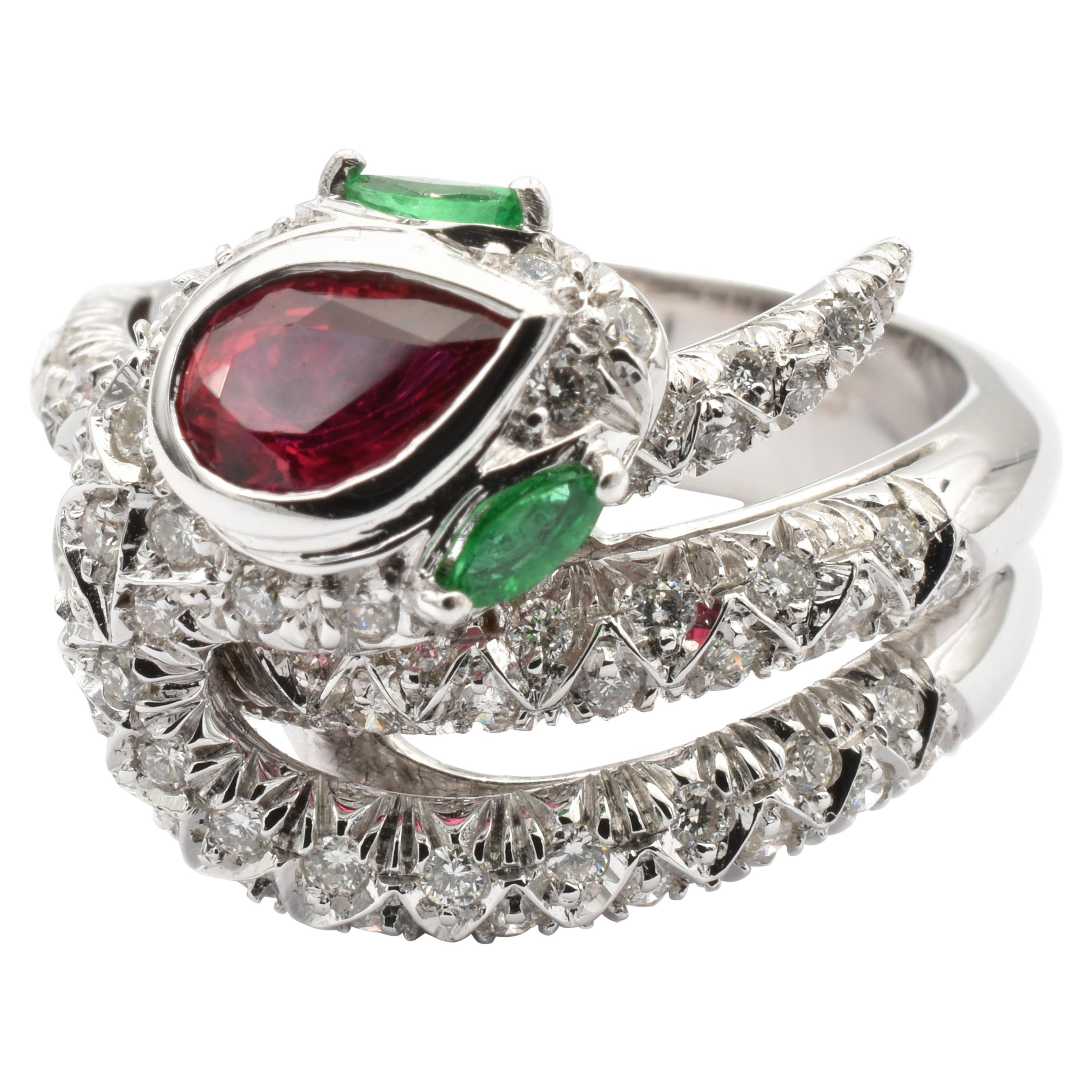 Ruby, Emeralds and Diamonds White Gold Snake Ring Made in Italy For Sale