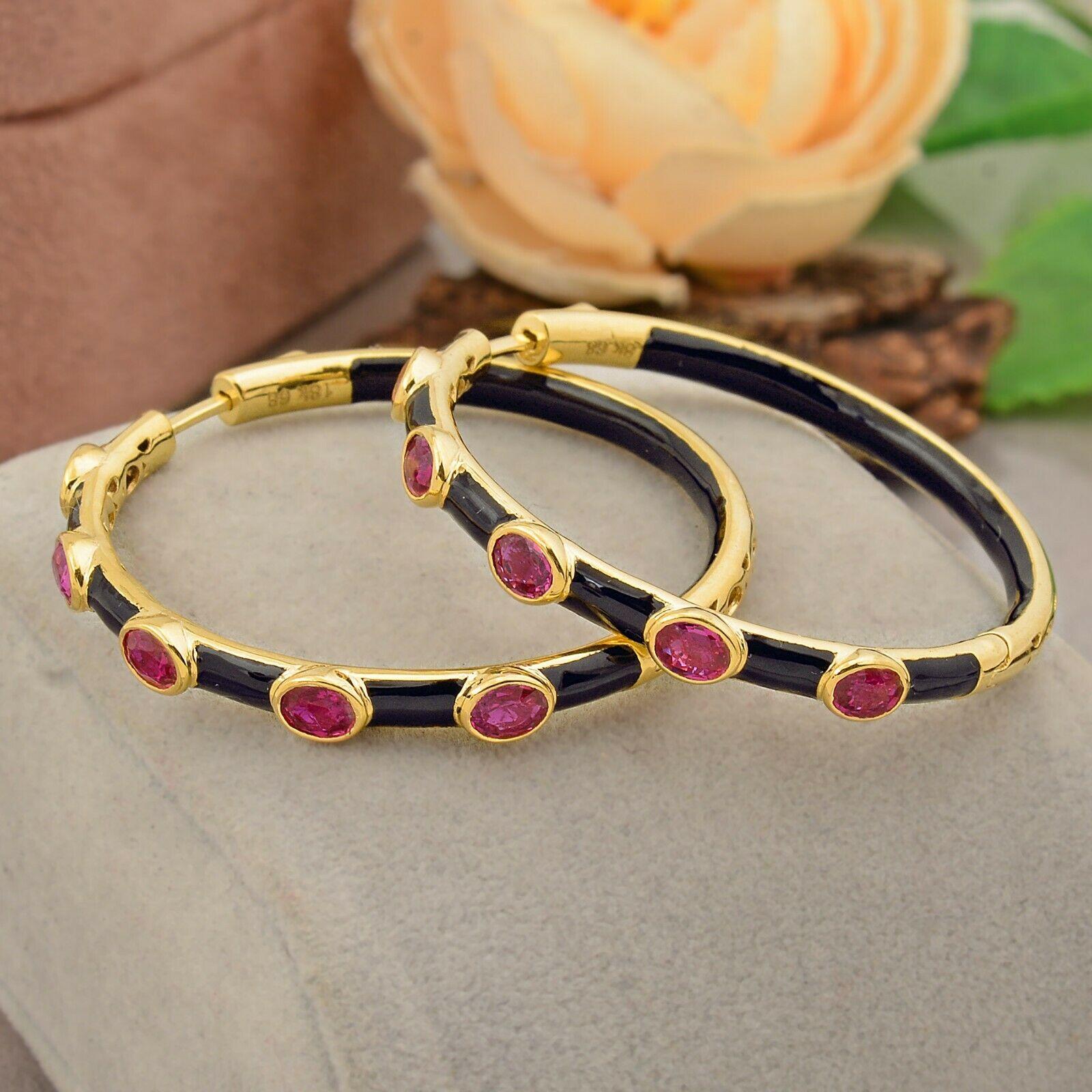 Round Cut Ruby Enamel 14 Karat Gold Hoop Earrings For Sale