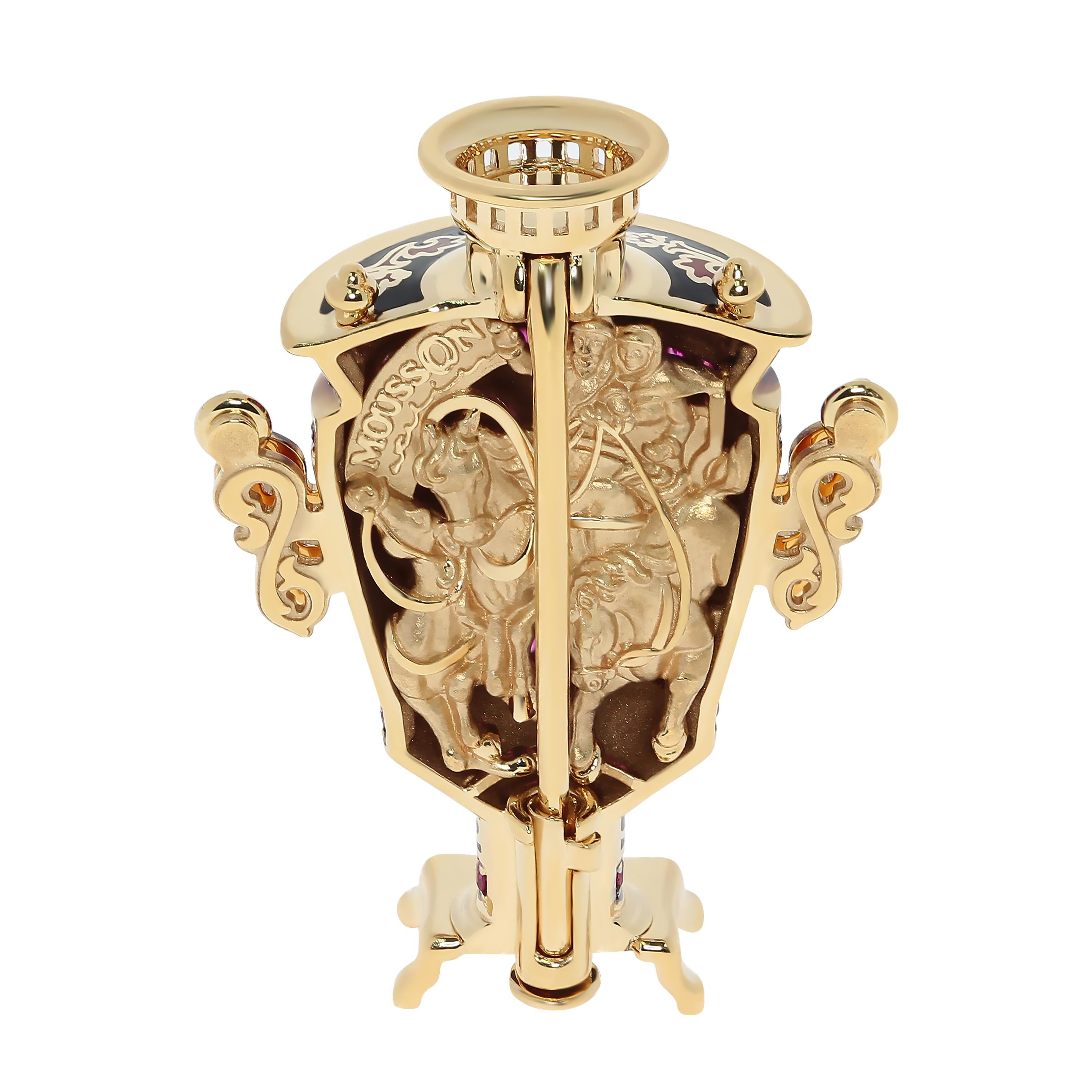 Ruby Enamel 18 Karat Yellow Gold Samovar Brooch
Samovar in Russia is a synonym for a feast with an abundance of pies and tea. A guest in the house, a samovar on the table - these are Russian traditions. Our samovar-brooch is made of Yellow 18 Karat