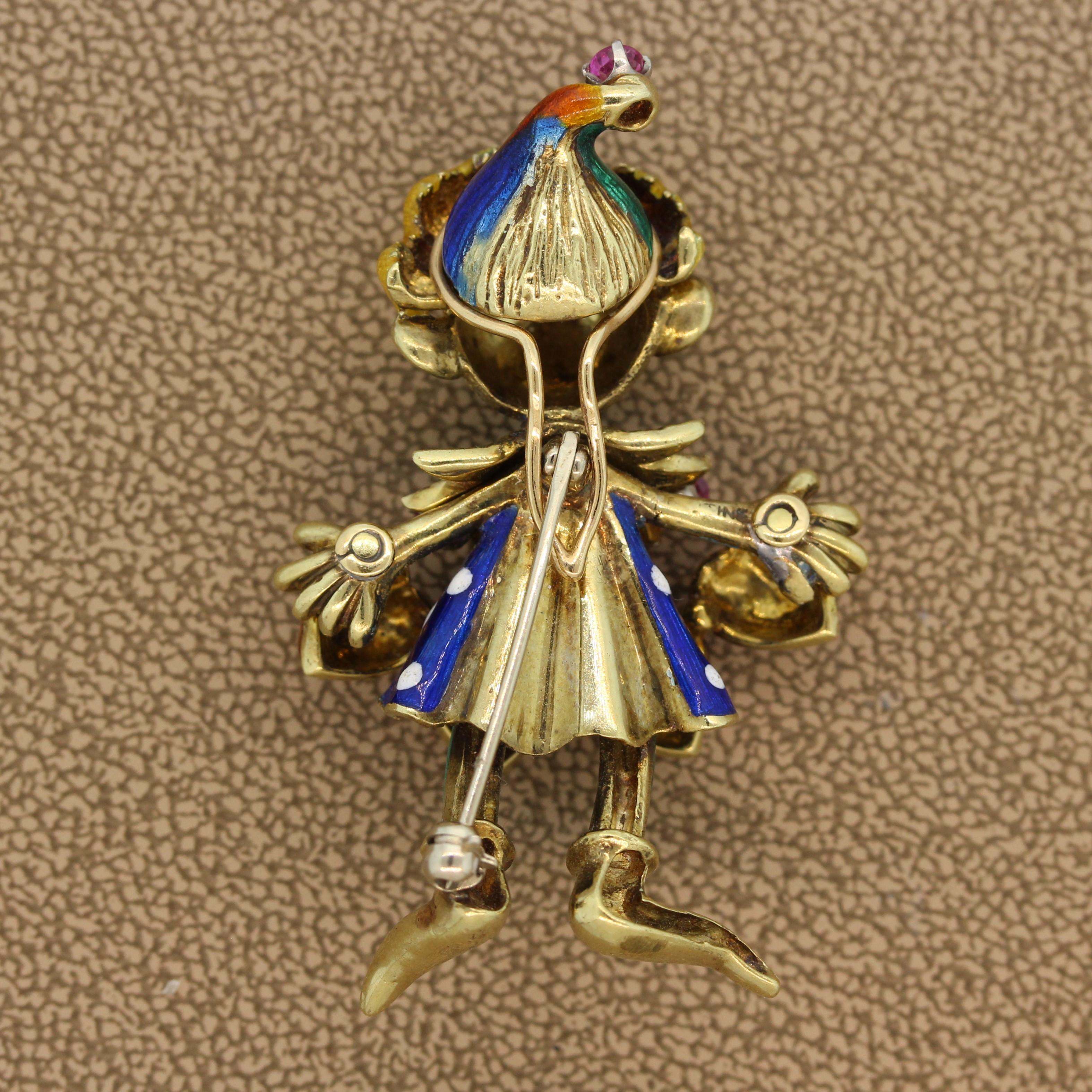 Ruby Enamel Gold Jester Brooch - image 10