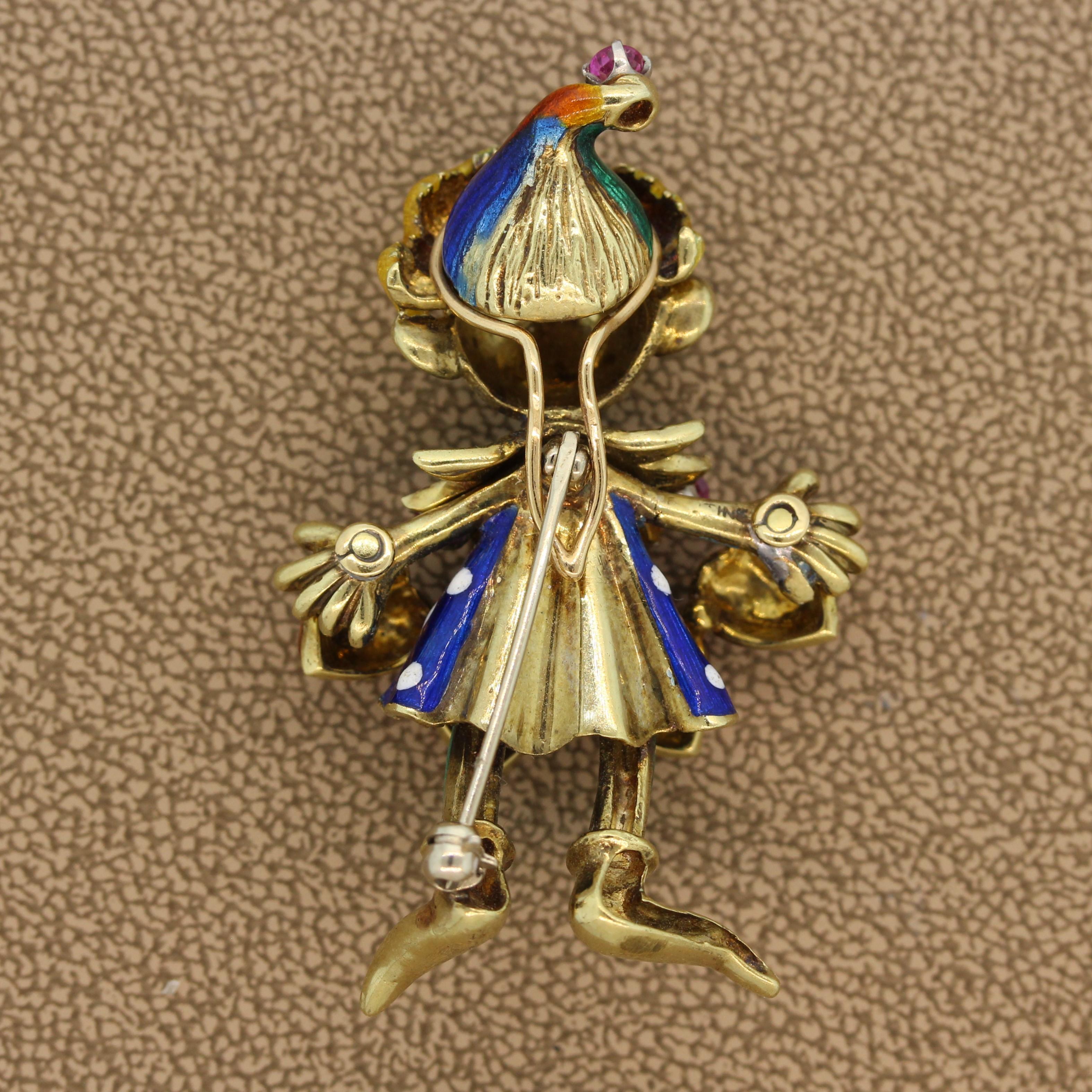 Ruby Enamel Gold Jester Brooch For Sale 5