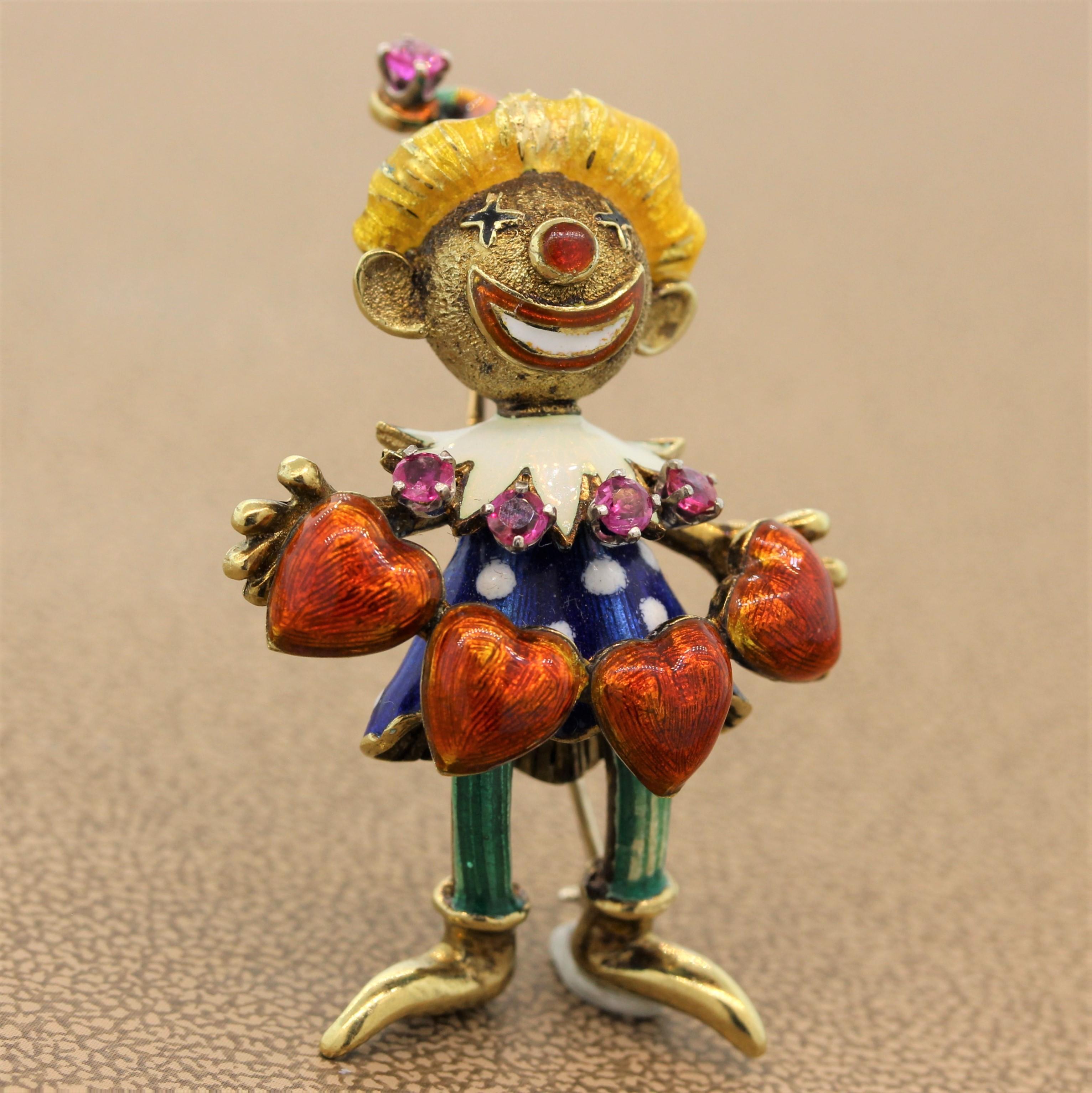 Ruby Enamel Gold Jester Brooch In New Condition For Sale In Beverly Hills, CA