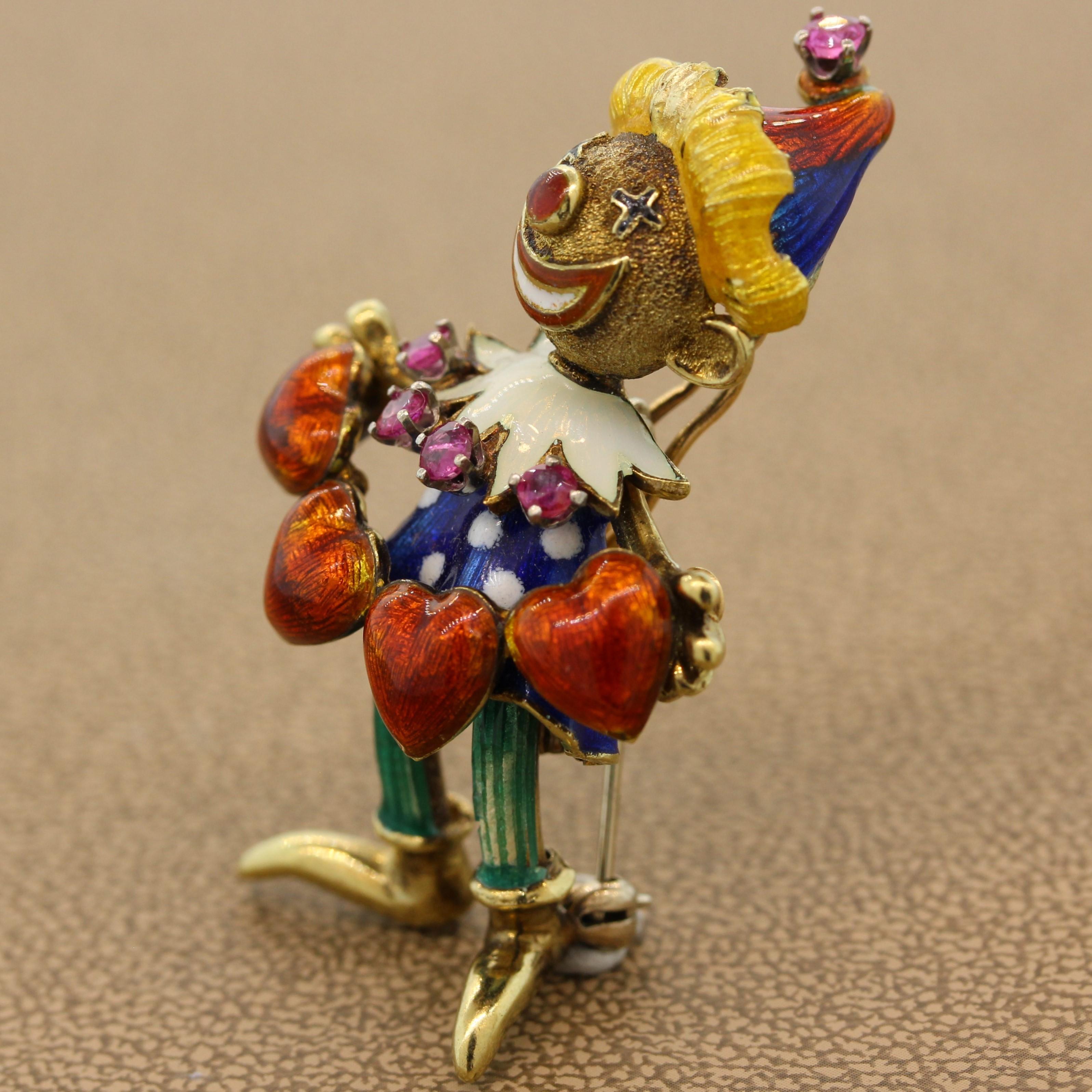 Women's Ruby Enamel Gold Jester Brooch For Sale