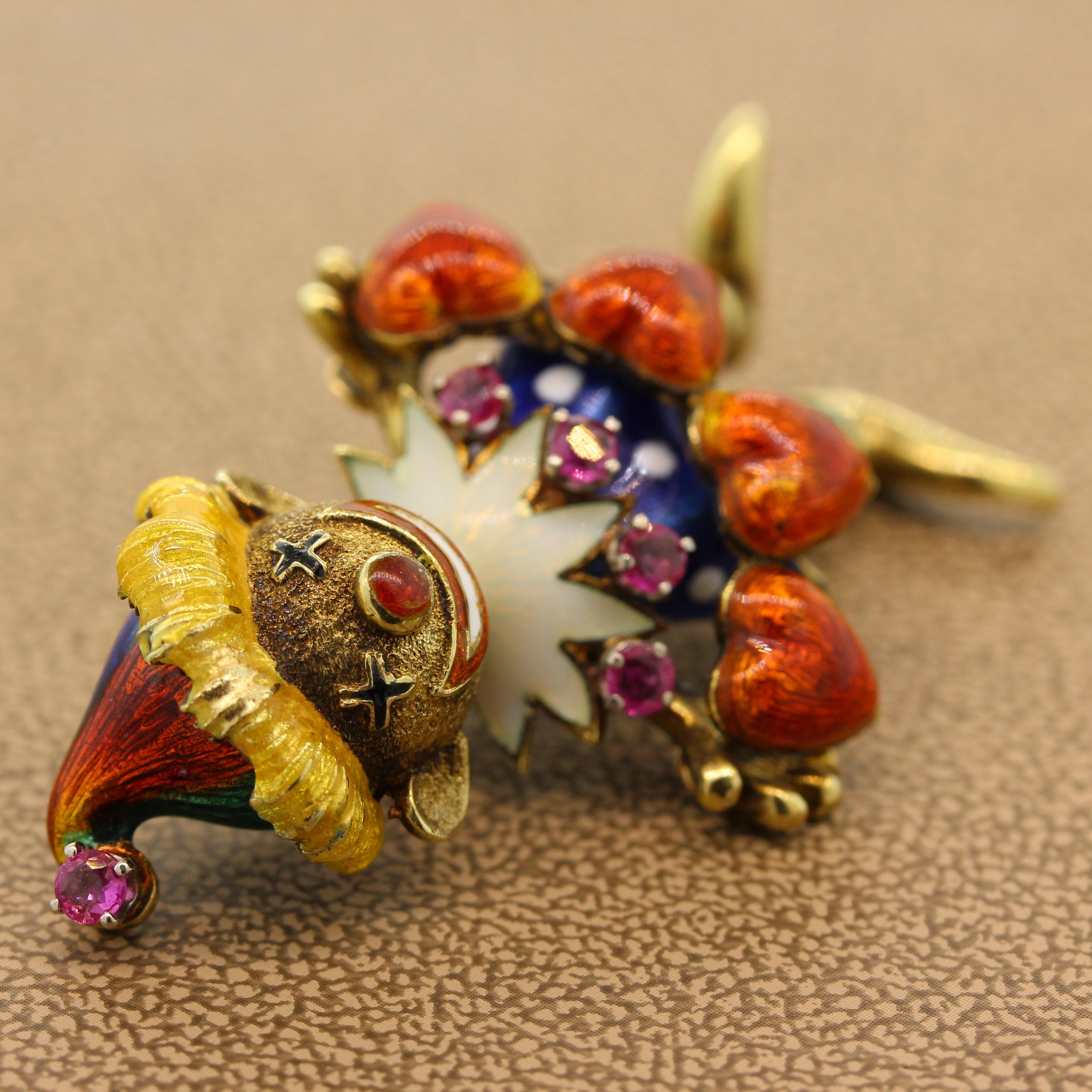 Ruby Enamel Gold Jester Brooch For Sale 1