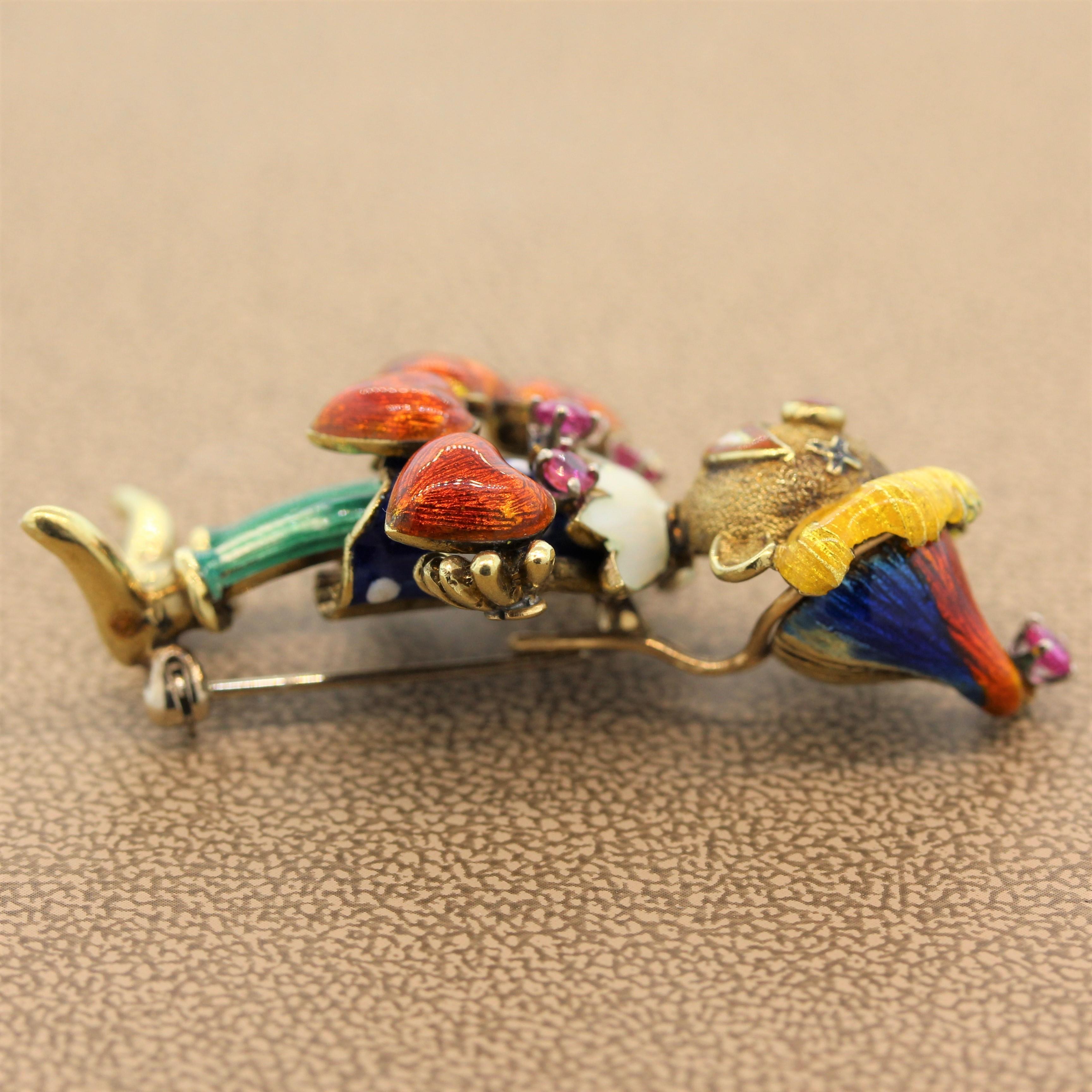 Ruby Enamel Gold Jester Brooch For Sale 2