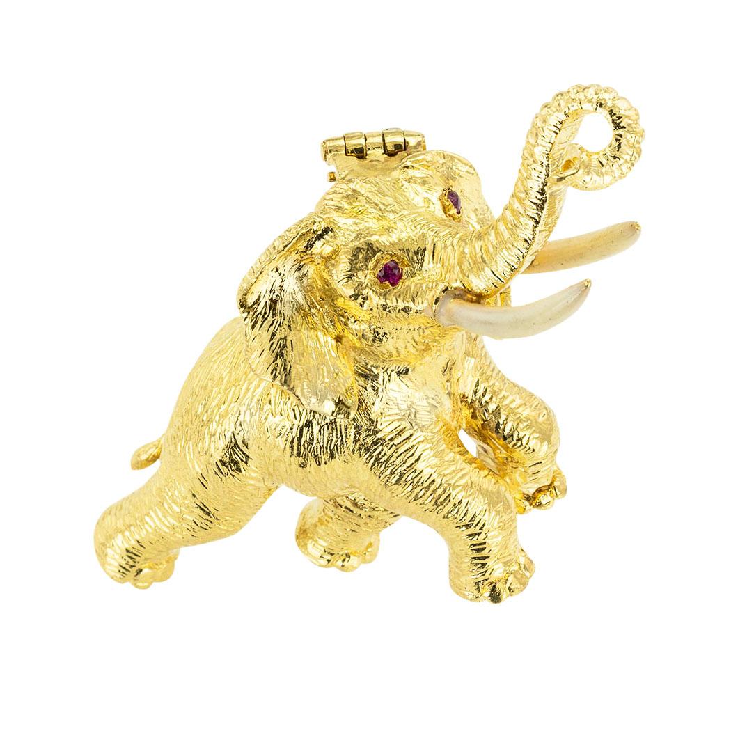 Modern Ruby Enamel Yellow Gold Elephant Clip Brooch For Sale