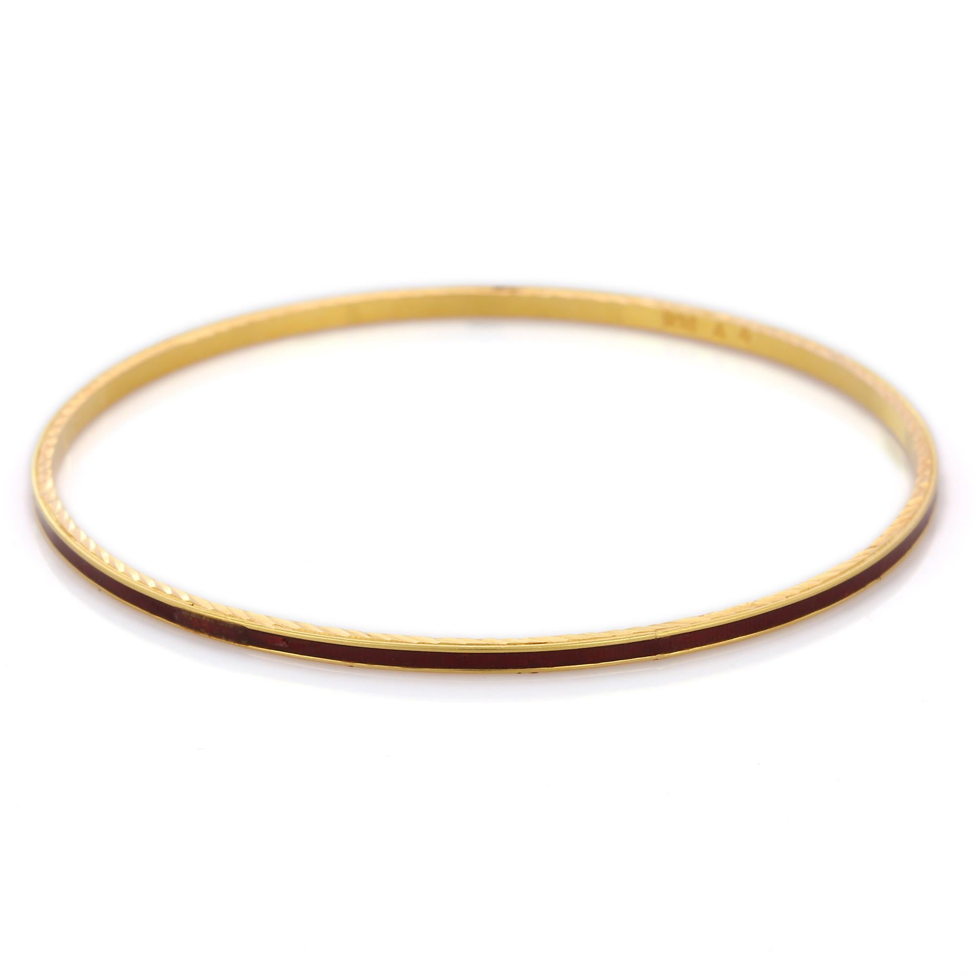 Ruby Enameled Bangle in 18K Gold. It’s a great jewelry ornament to wear on occasions and at the same time works as a wonderful gift for your loved ones. These lovely statement pieces are perfect generation jewelry to pass on.
Bangles feel