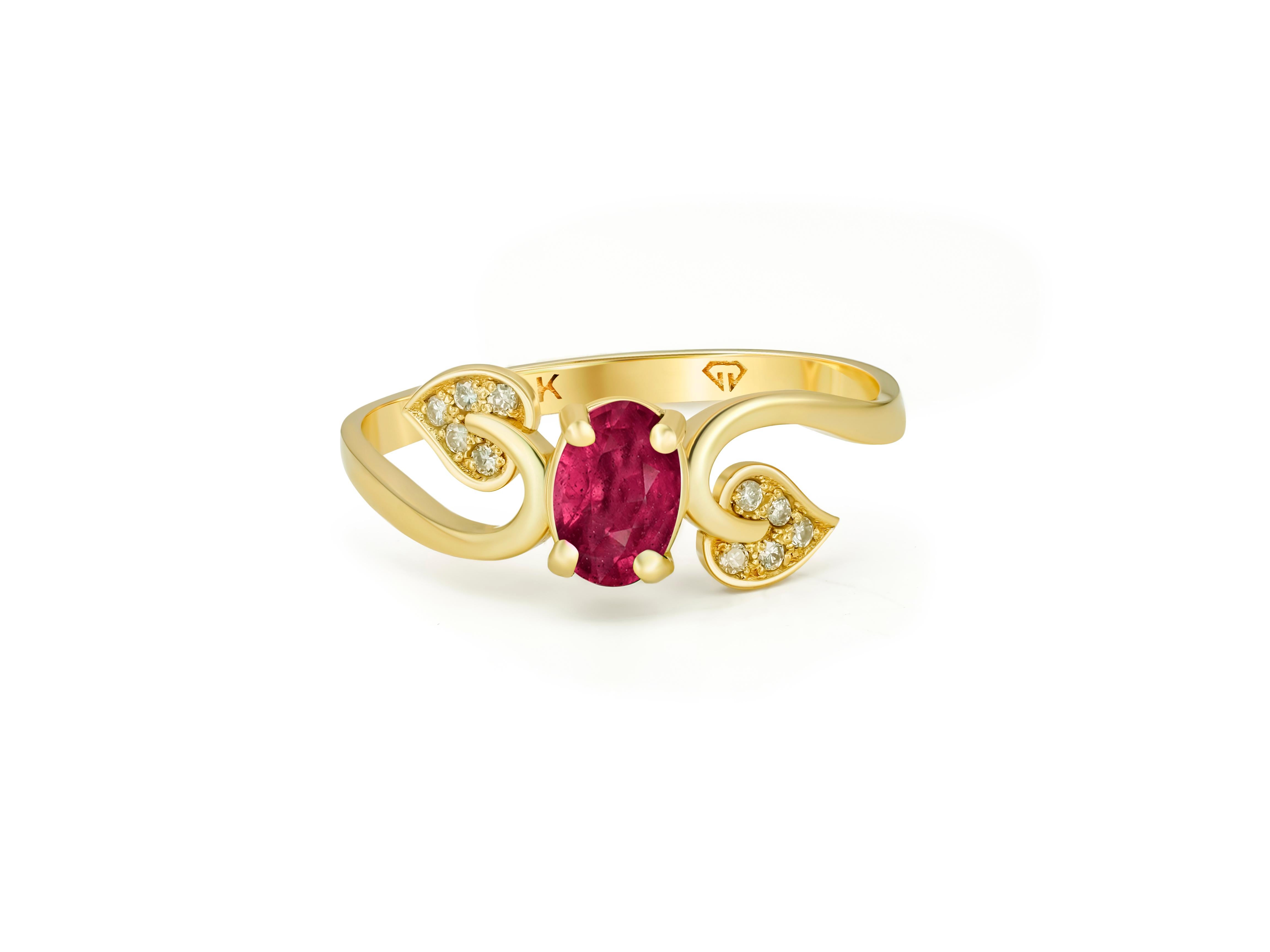 Ruby engagement ring. 
Ruby vintage ring. Genuine ruby 14k gold ring.Ruby gold ring. July birthstone ring. Oval ruby ring. Natural ruby ring.

Metal: 14kt solid gold
Total weight: 1.8 gr (depends from size).

Central gemstone: Natural ruby
Color: