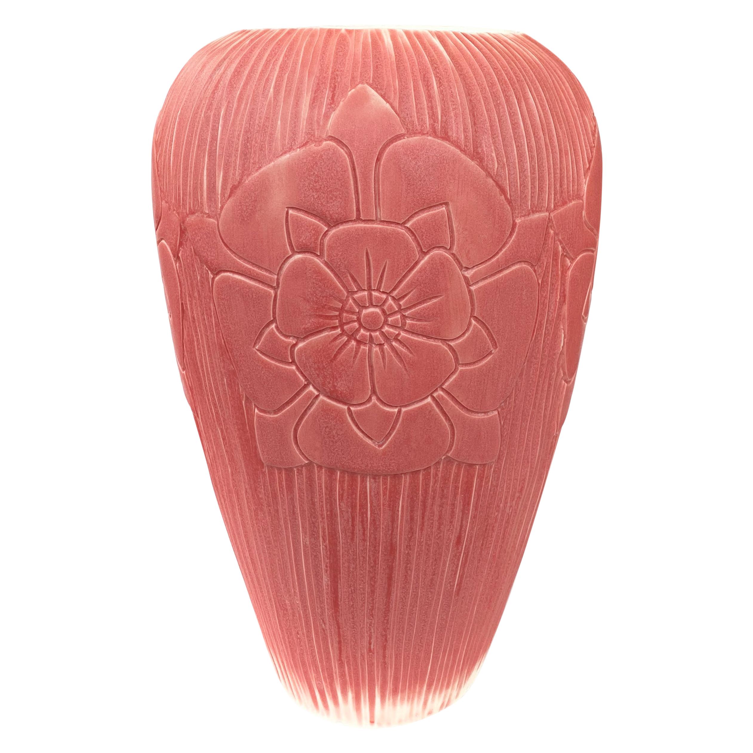 Ruby "English Rose" Hand Carved Porcelain Arts & Crafts Pottery Vase