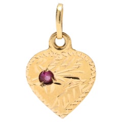 Ruby Engraved Heart Charm, 14K Yellow Gold, Length 5/8 Inch, Small Gold Heart 