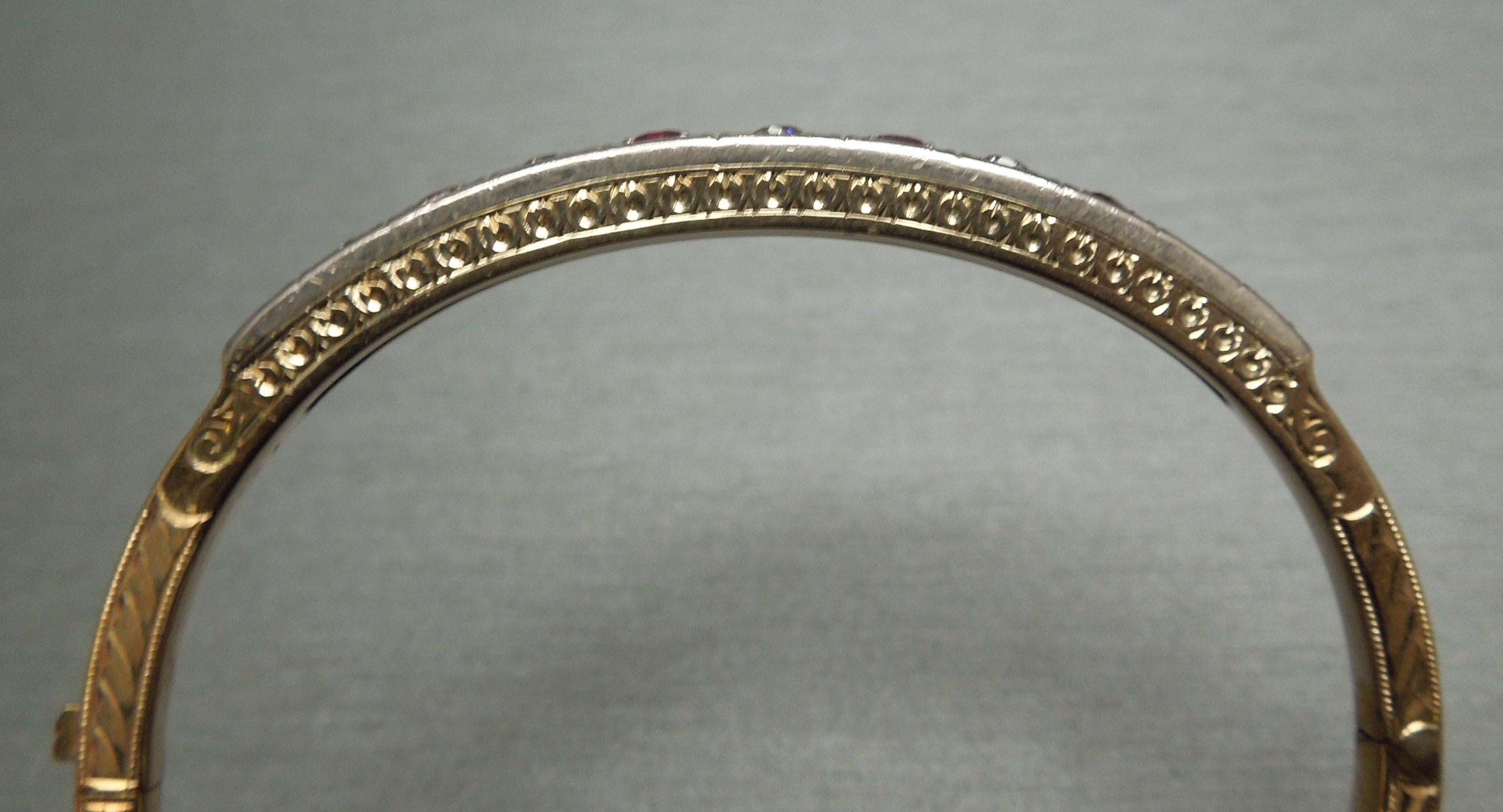 Old European Cut Ruby and European Cut Diamond 14 Karat Gold / Sterling Bangle Bracelet For Sale