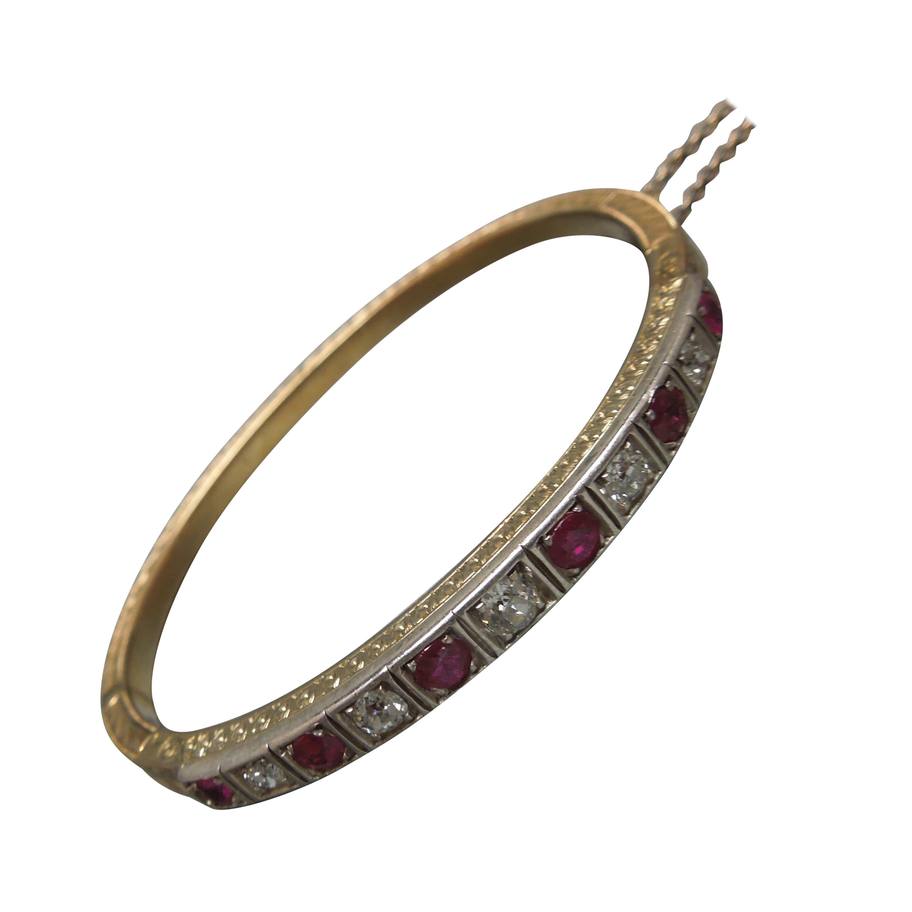 Ruby and European Cut Diamond 14 Karat Gold / Sterling Bangle Bracelet For Sale
