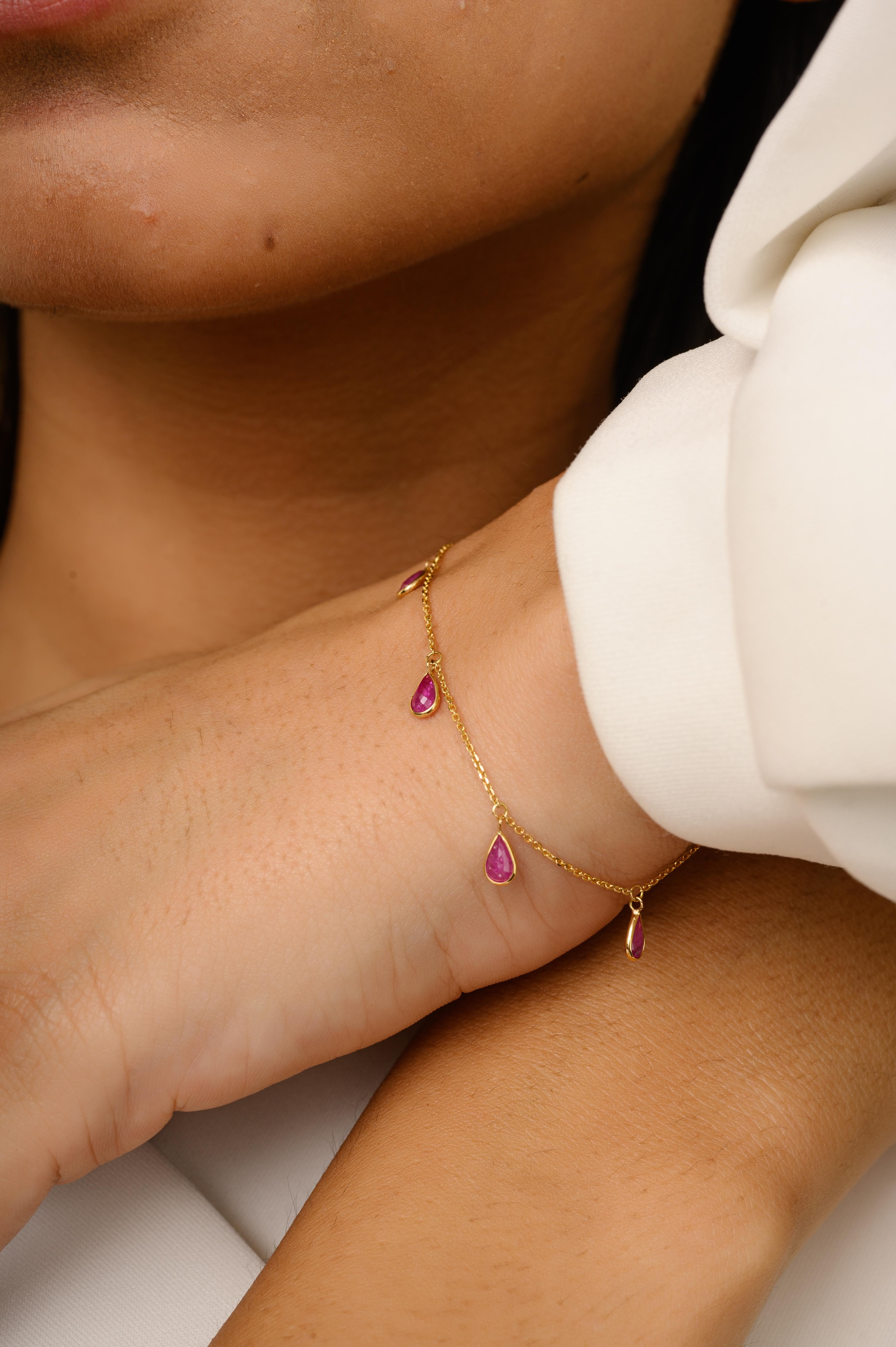 Pear Cut Ruby Everyday Chain Bracelet for Her Handcrafted in 18k Yellow Gold
