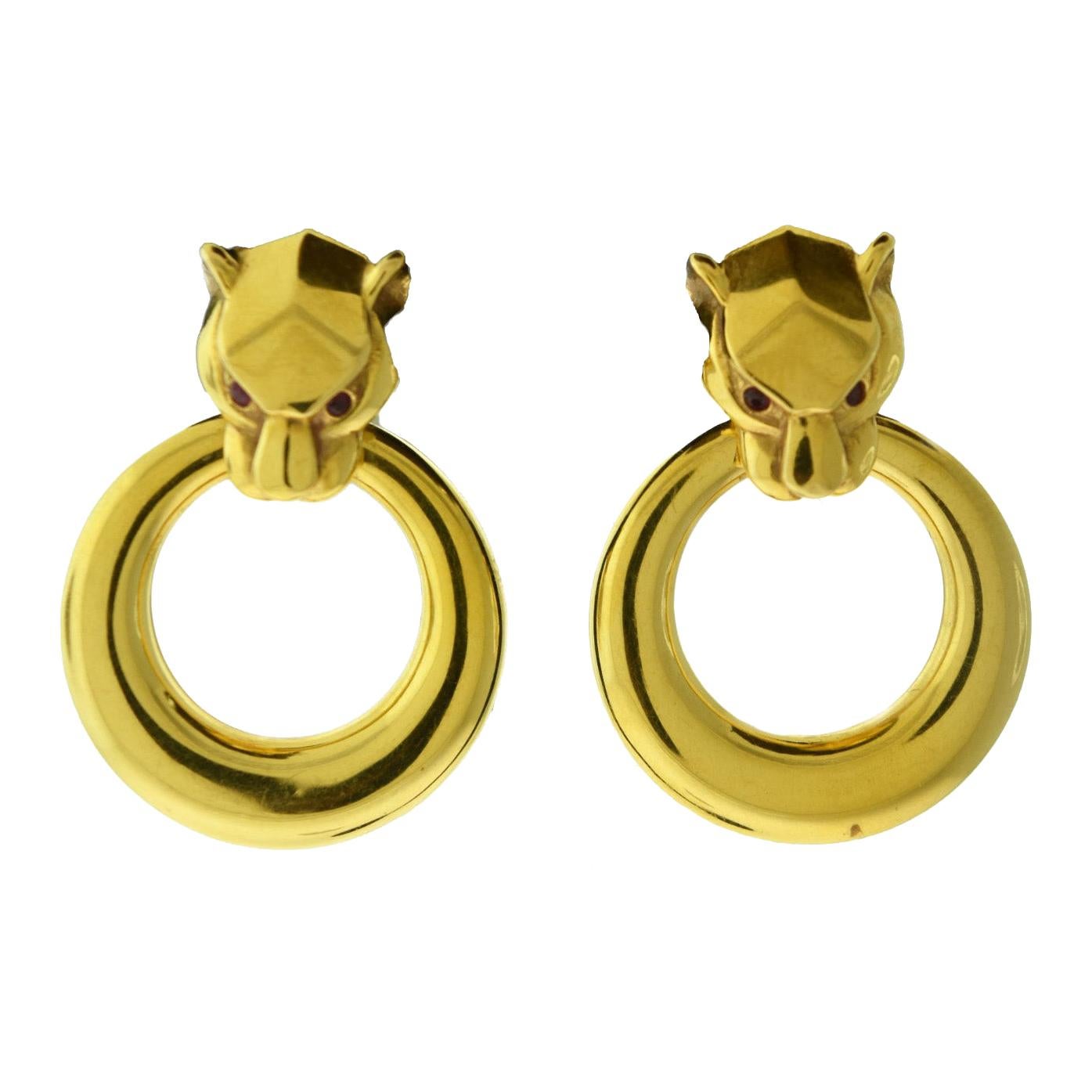 Ruby Eye Large Panther Head in 18 Karat Yellow Gold Door Knocker Earrings