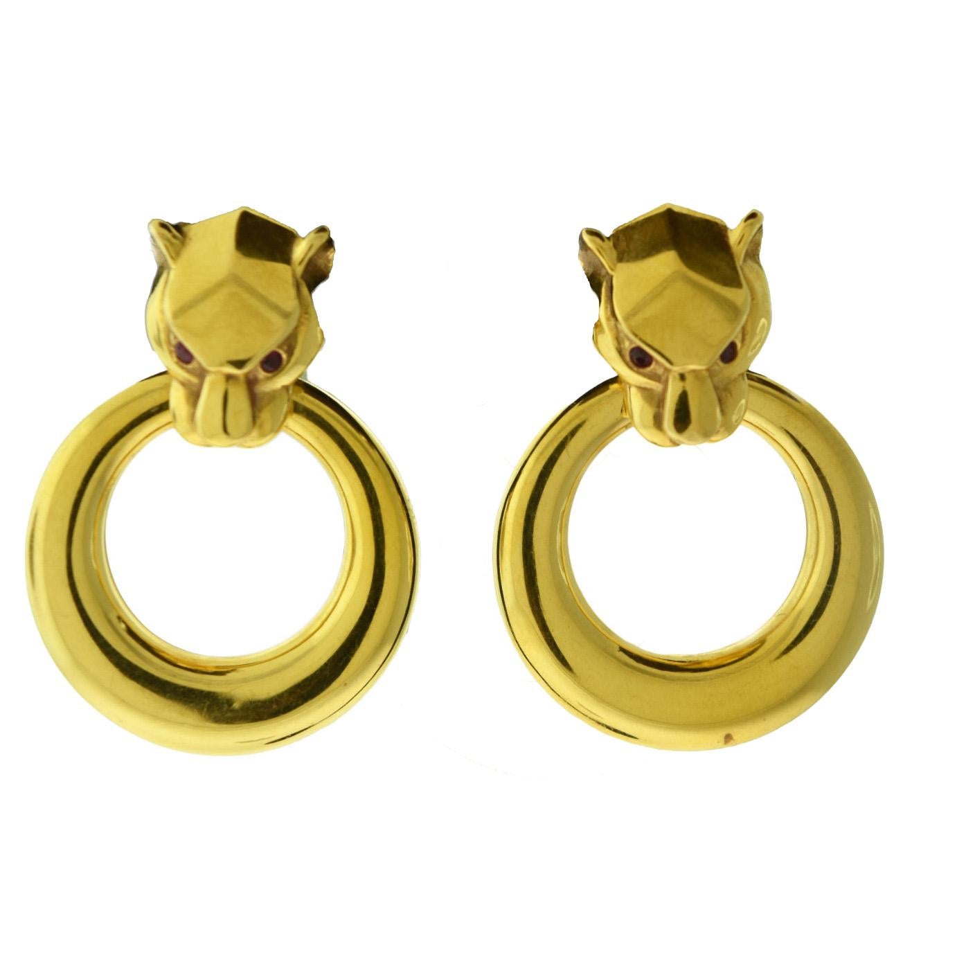 Brilliance Jewels, Miami
Questions? Call Us Anytime!
786,482,8100

Style: Door Knocker Hoop Earrings

Metal Type: Yellow Gold

Metal Purity: 18k

Stones: Ruby (eyes)

Total Item Weight (grams): 8.1

Door Knocker Diameter: 0.75 inches

Panther