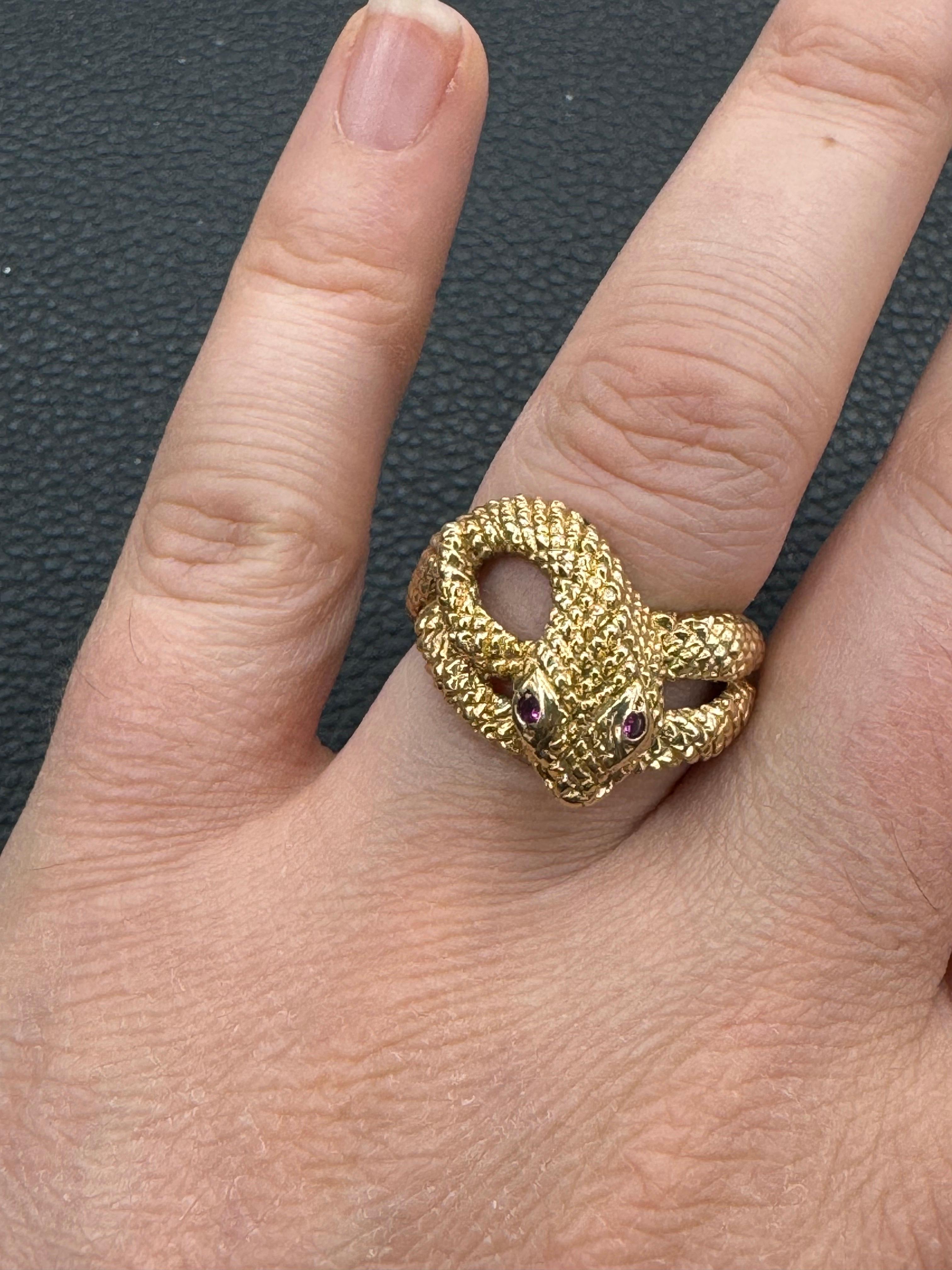 Women's or Men's Ruby Eye Snake Wrap Band Ring 14 Karat Yellow Gold 11.6 Grams For Sale
