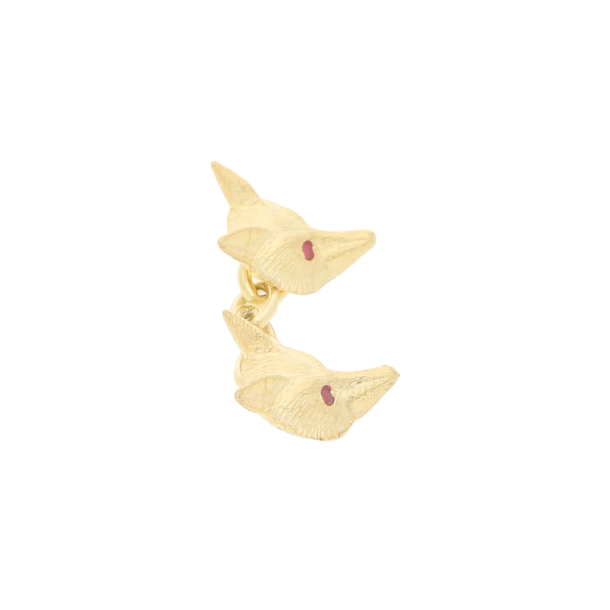Round Cut Ruby Eyed Fox Head Chain Cufflinks Set in 9 Karat Yellow Gold For Sale