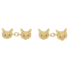 Ruby Eyed Fox Head Chain Cufflinks Set in 9 Karat Yellow Gold