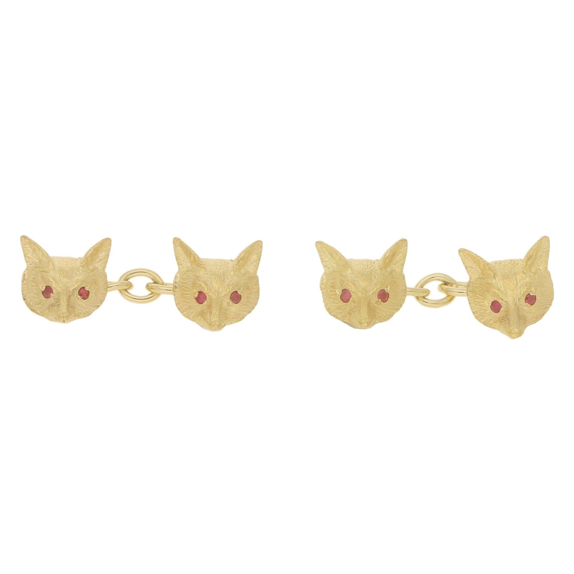 Boutons de manchette enchaînés avec tête de renard aux yeux de rubis en or jaune 9 carats