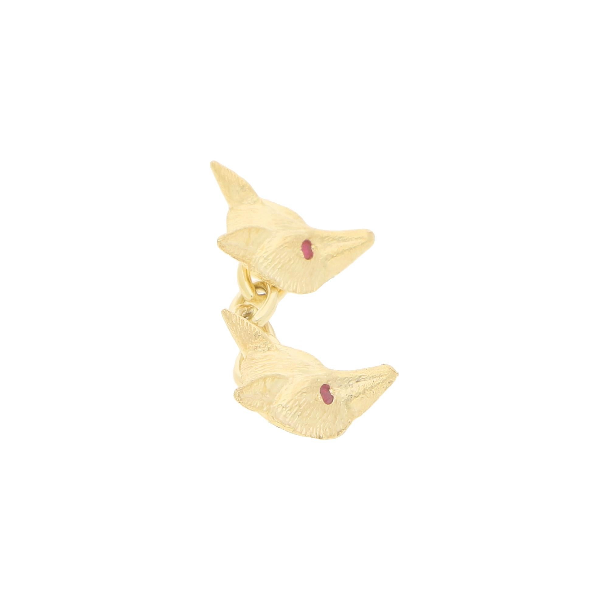 Round Cut Ruby Eyed Fox Head Chain Cufflinks Set in 9 Karat Yellow Gold