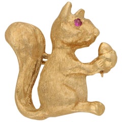 Ruby Eyed Squirrel Brooch Set in 14 Karat Rose Gold