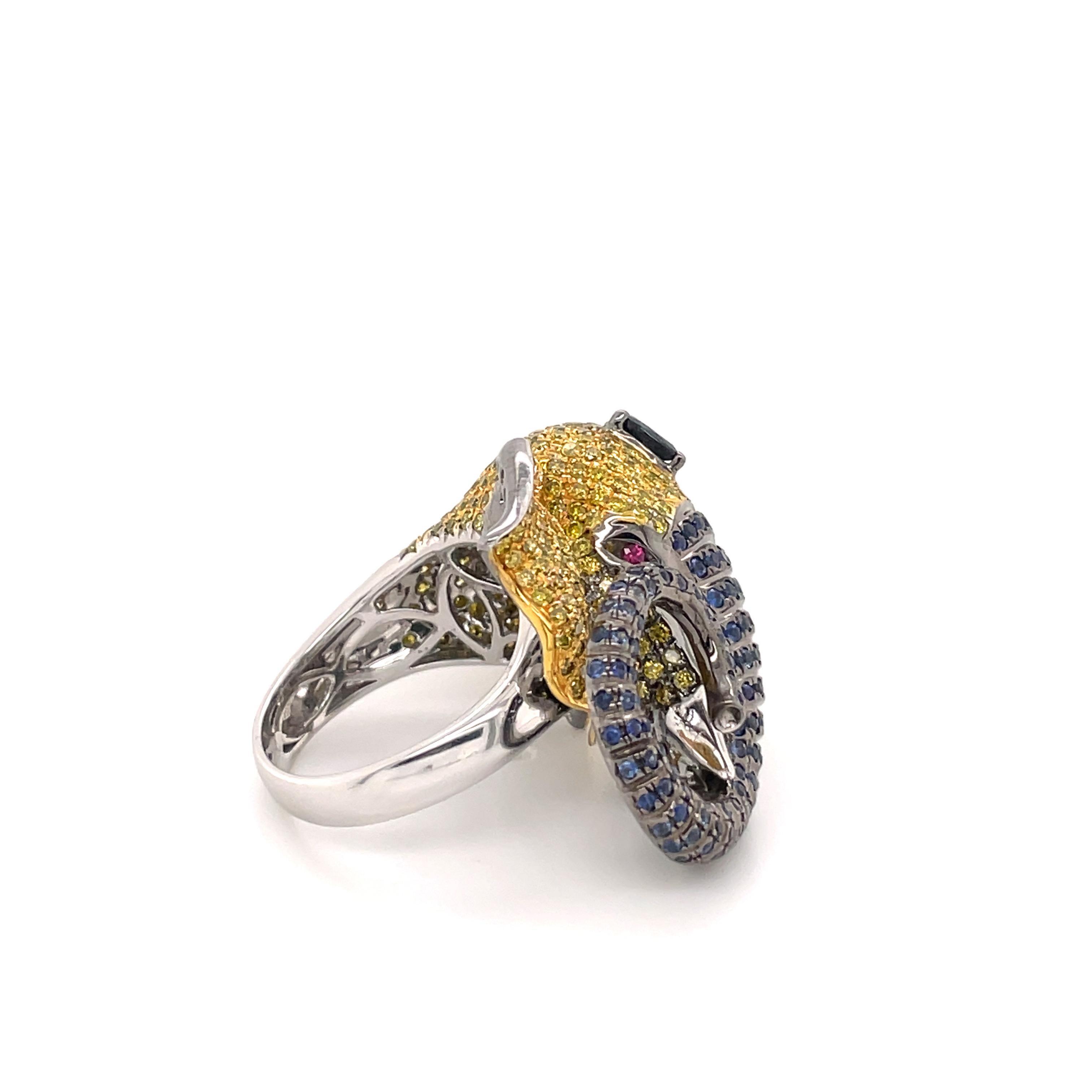 Behold a masterpiece of artistry and symbolism: an Elephant head ring adorned with rich details. This exquisite ring features an intricately designed elephant head with a sapphire trunk, capturing the grace and strength of this majestic creature.