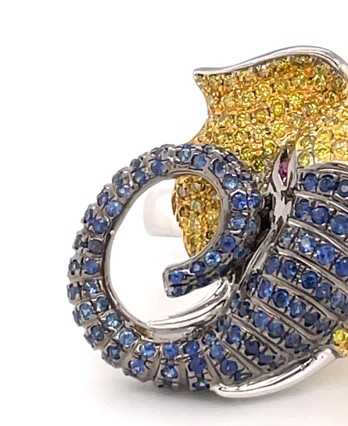 Ruby Eyed Yellow Diamonds and Sapphire Elephant Head Ring In New Condition For Sale In Hong Kong, HK