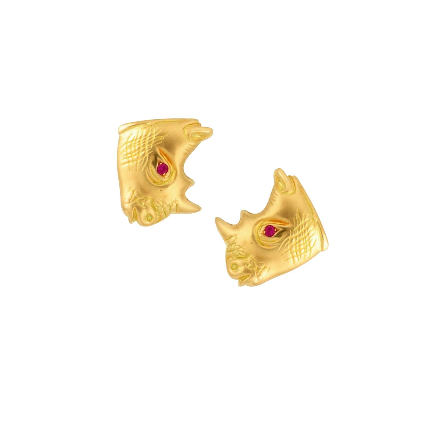 Contemporary Ruby Eyes 18 Karat Gold RHINOCERAS Earrings by John Landrum Bryant For Sale