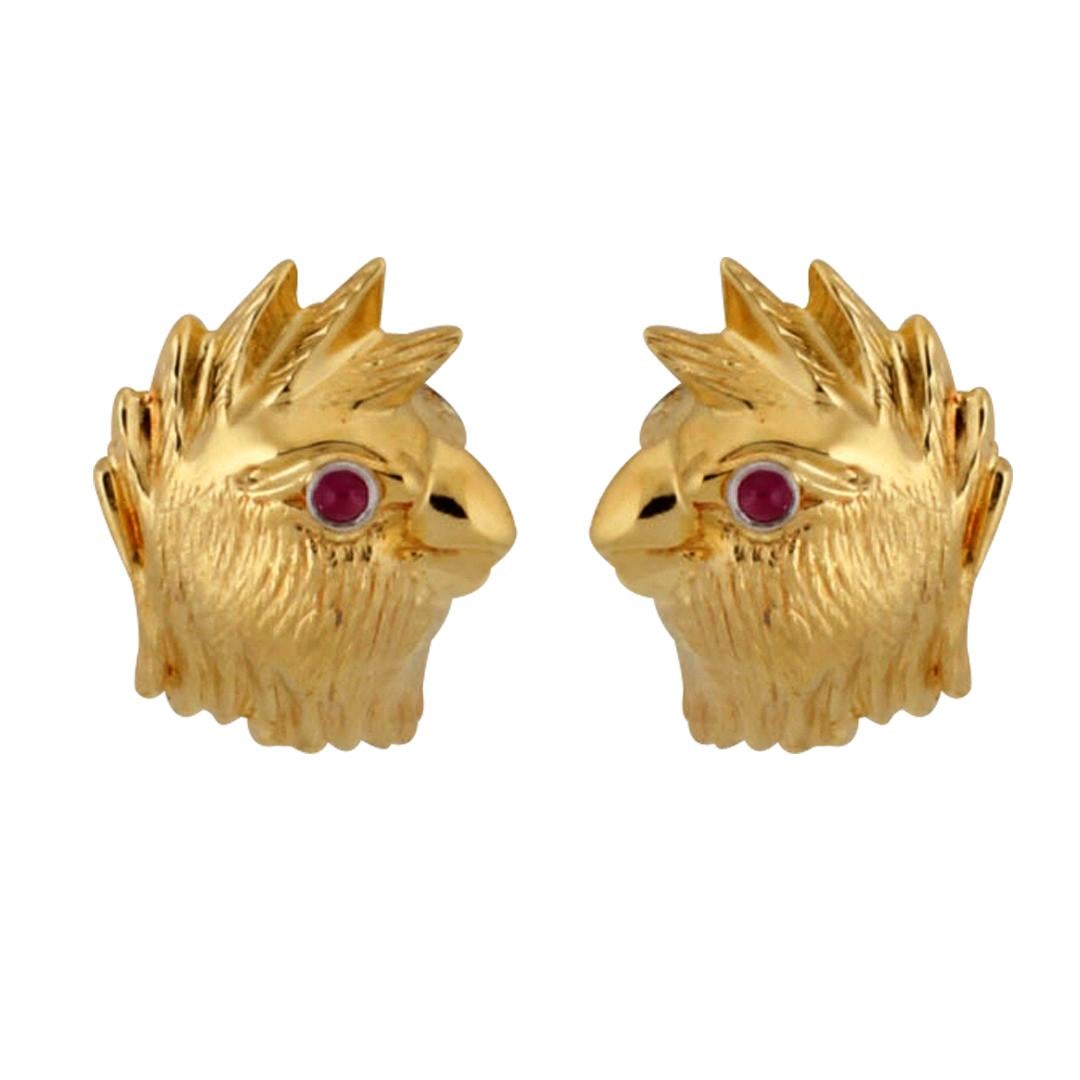 Ruby Eyes 18 Karat Yellow Gold COCKATOO Earrings by John Landrum Bryant In New Condition For Sale In New York, NY
