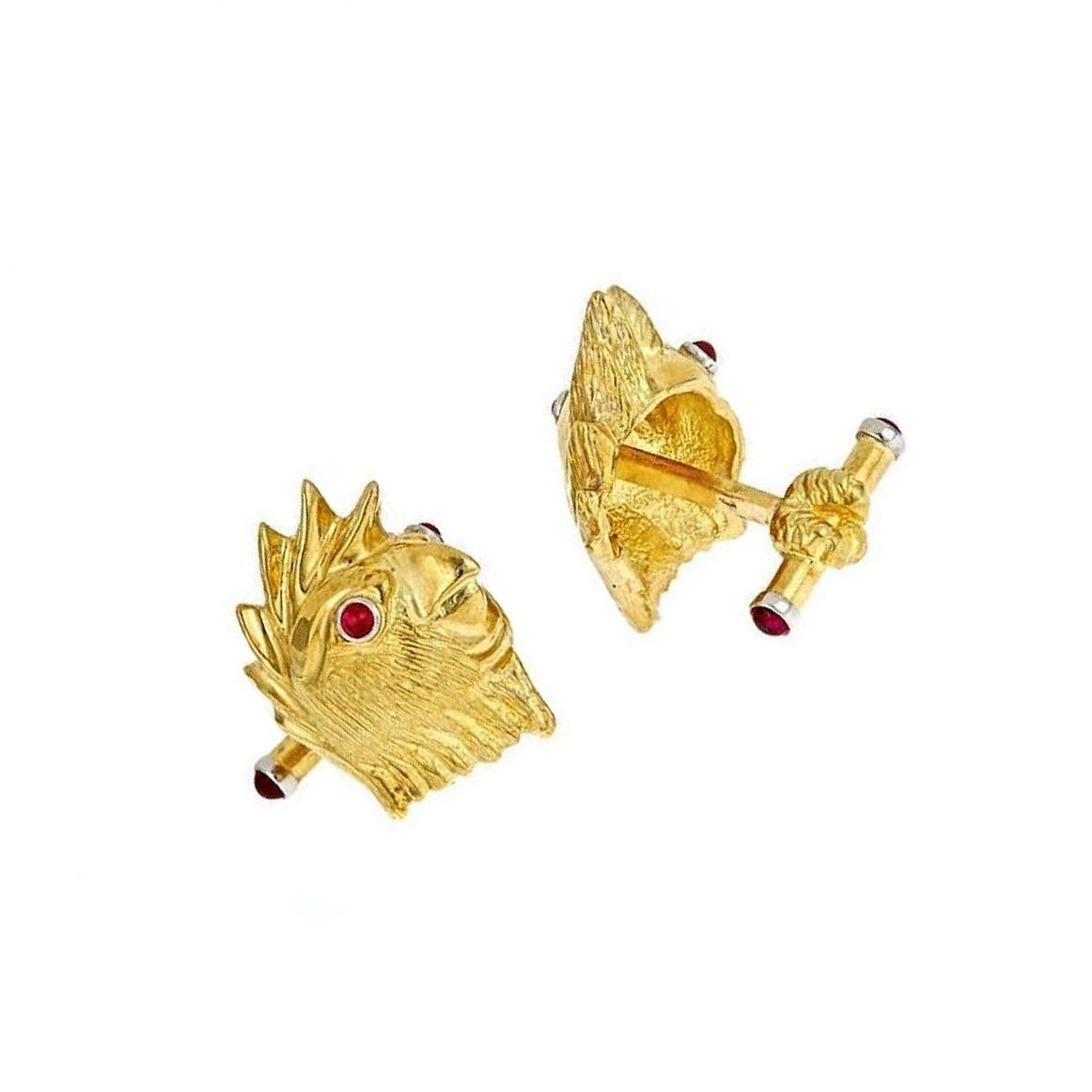 Contemporary Ruby Eyes 18k Yellow Gold Platinum COCKATOO Cufflinks by John Landrum Bryant For Sale
