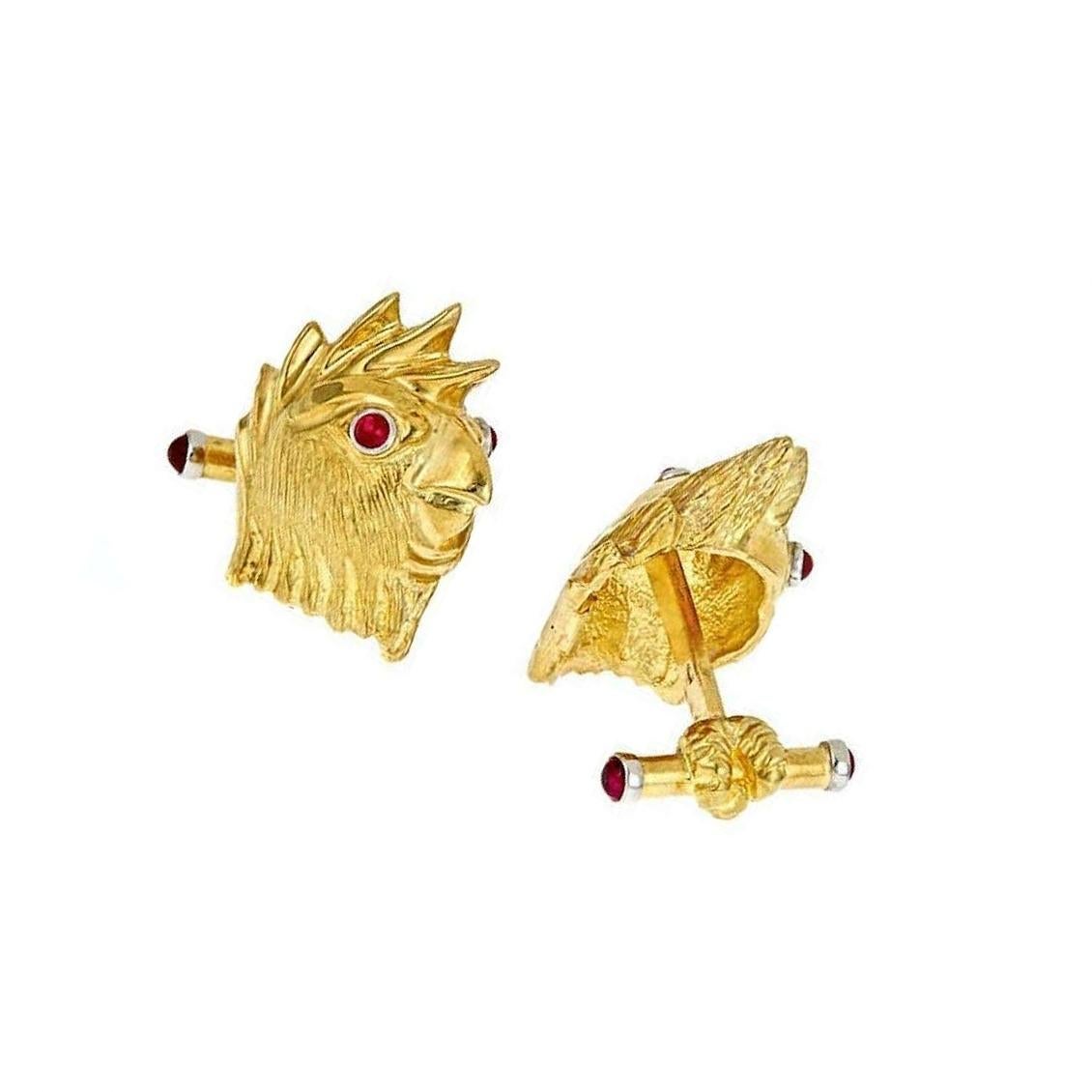 Ruby Eyes 18k Yellow Gold Platinum COCKATOO Cufflinks by John Landrum Bryant In New Condition For Sale In New York, NY