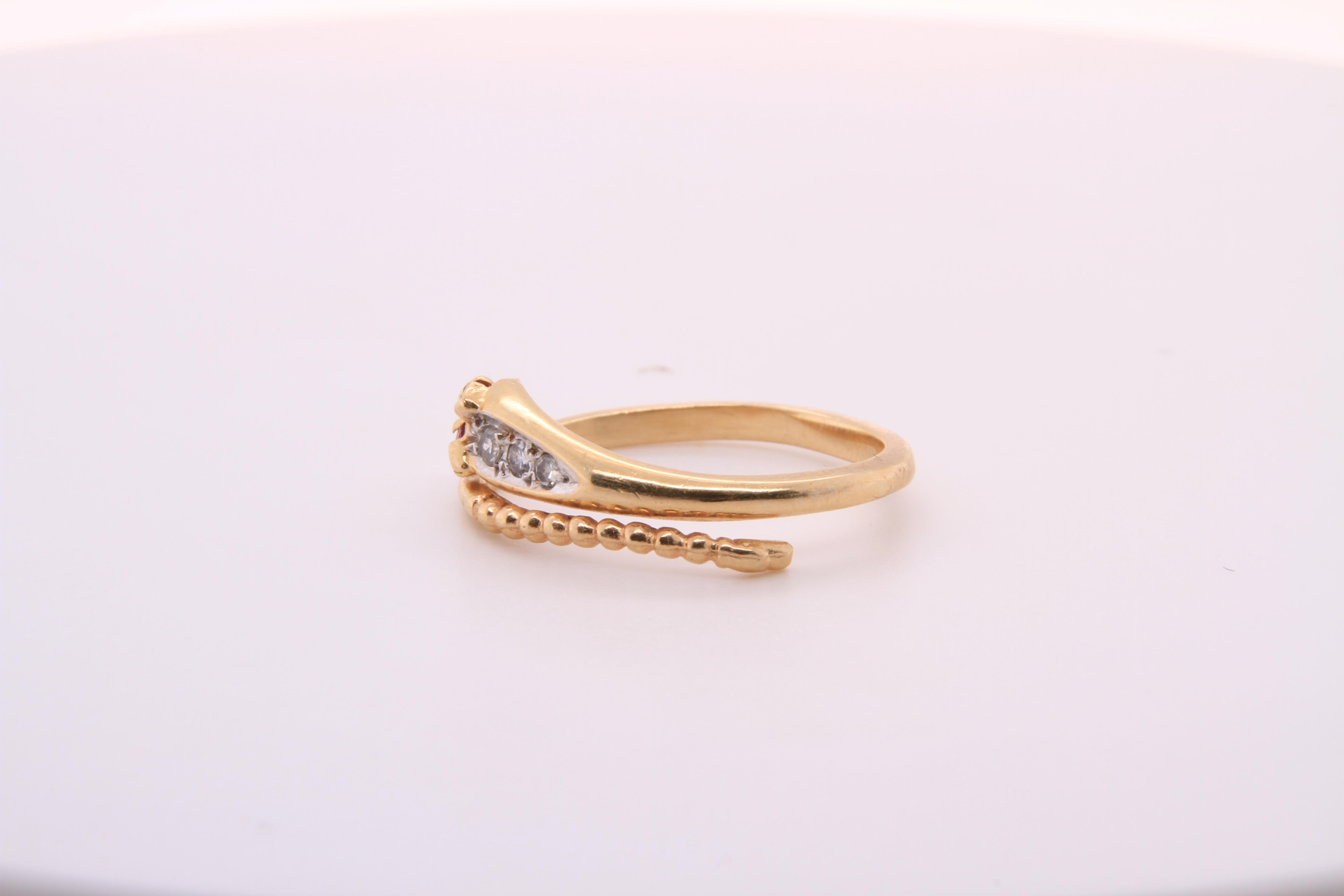 Ruby Eyes and Diamond Head 14K Yellow Gold, Wrap Snake Ring In Good Condition In Bozeman, MT