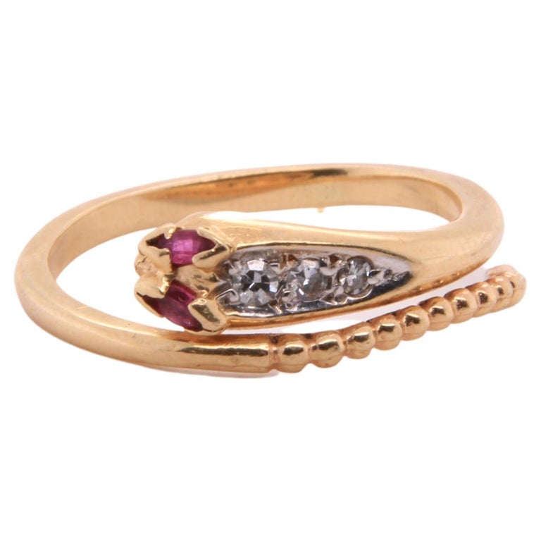 Ruby Eyes and Diamond Head 14K Yellow Gold, Wrap Snake Ring For Sale at ...