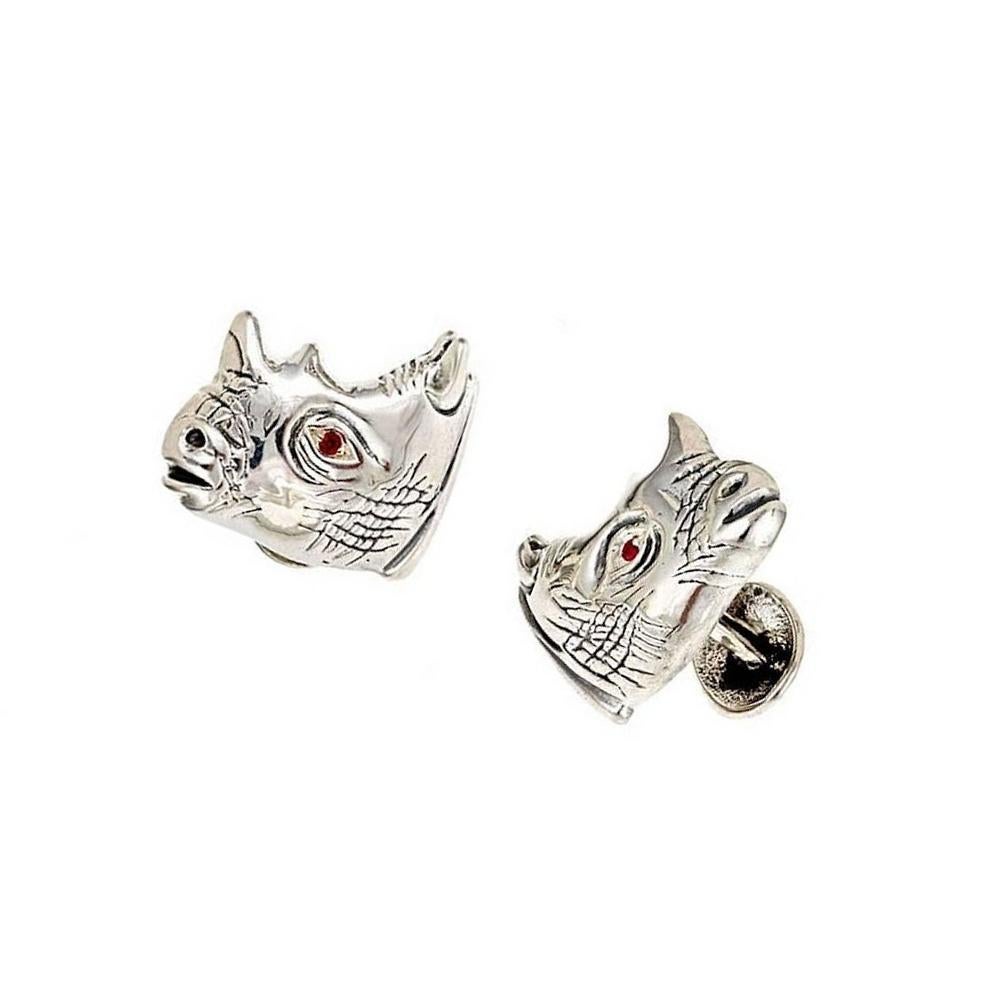 Contemporary Ruby Eyes Sterling Silver Rhinoceros Cufflinks by John Landrum Bryant For Sale