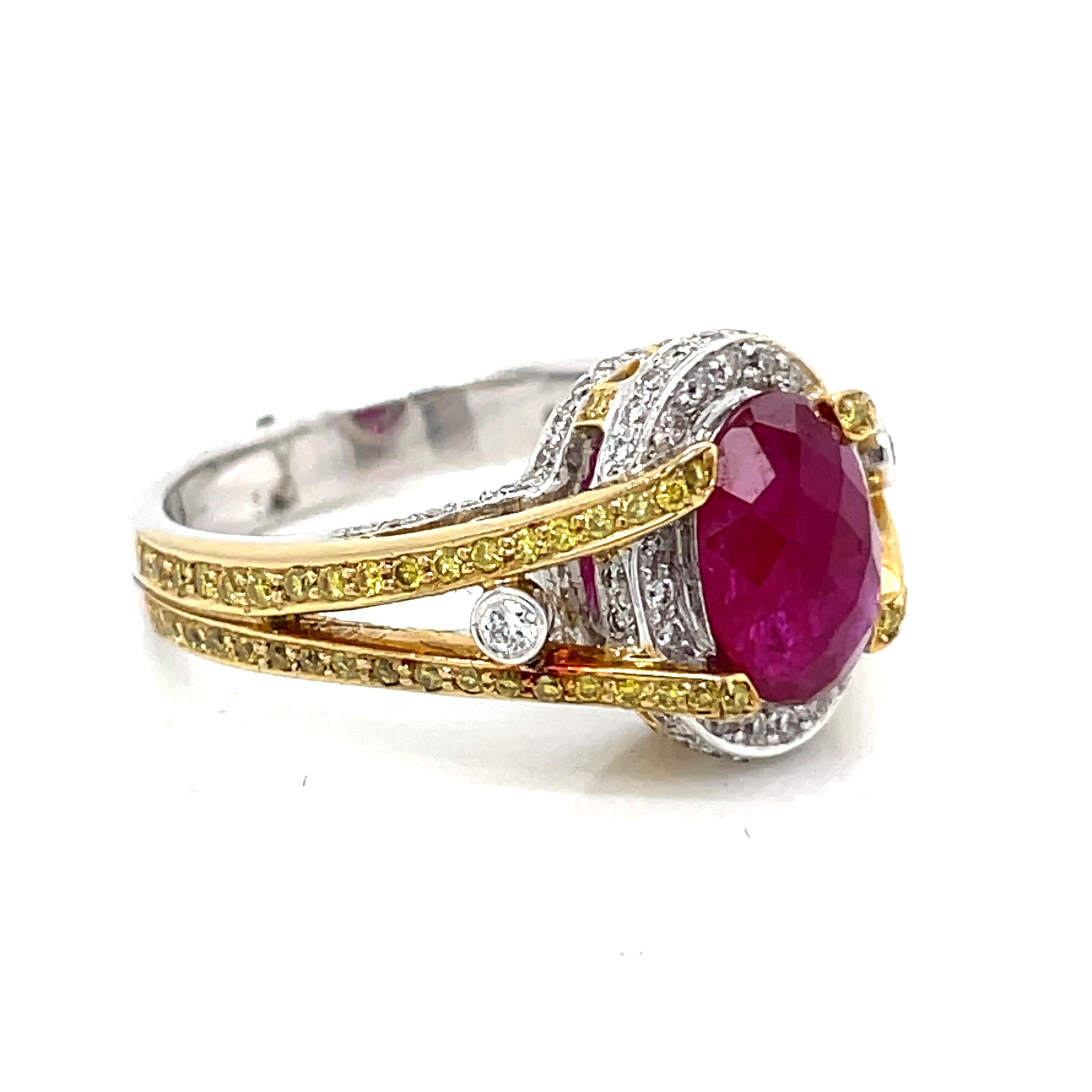 Contemporary Ruby faceted buff top 18 K white and yellow  gold Engagement ring  For Sale
